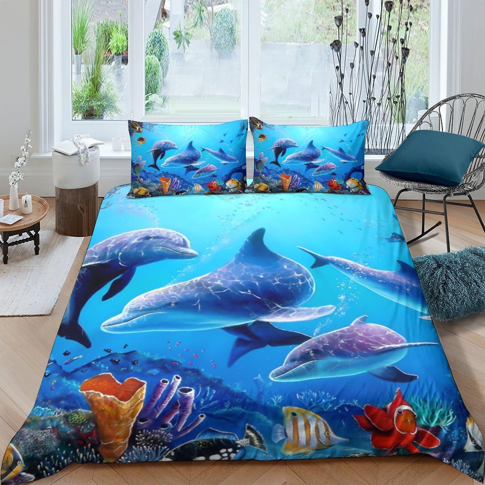 Ctjqhvkz Style-3 3D Printed Ocean Dolphin Fitted Sheet Microfiber Soft Blue Sea Life Mattress Cover For Bedroom Home Decor Single（135X200cm）