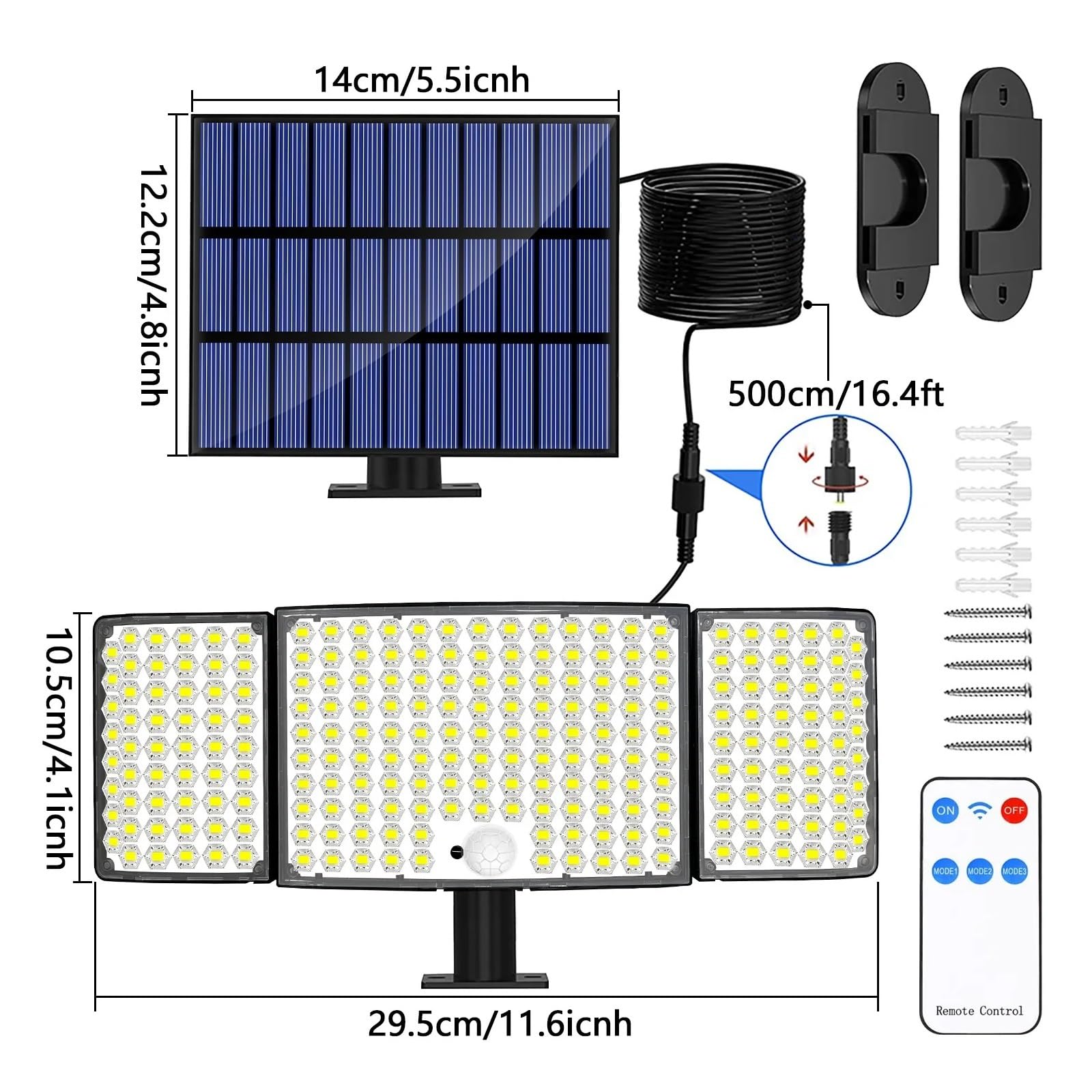 Lampa solarna zewnętrzna, 234 LED Solar Security Lights IP65 Wodoodporna lampa ścienna Split Czujnik ruchu 3 boczne oświetlenie Zewnętrzne oświetlenie przeciwpowodziowe(234 LED)