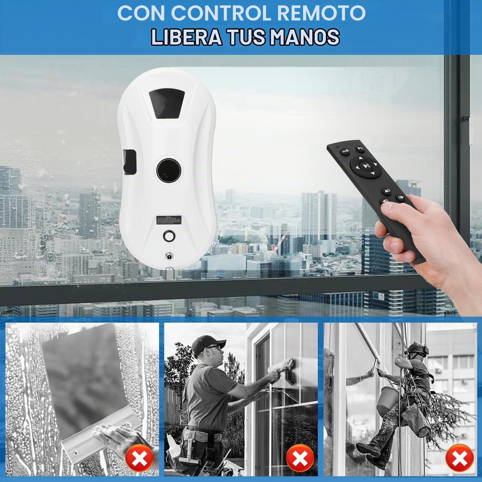 Robot Limpiacristales Automático, Rociado de Agua Automático y Planificación de Ruta, 2800 Pa Succión, Mando a Distancia, 10 Paños de Limpieza, para Ventanas Altas, Azulejos y Cristal