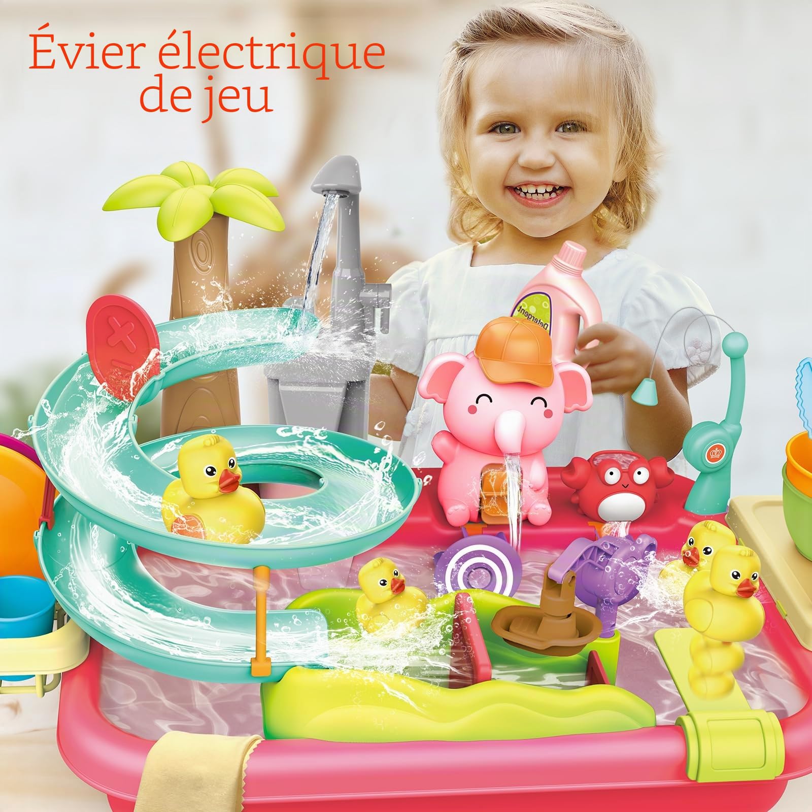 VATOS Évier de jeu avec eau courante, robinet électrique et manuel 2 en 1, jouet d'évier de cuisine, toboggan de canard, table à eau d'été, ensemble de lave-vaisselle pour enfants pour garçons et