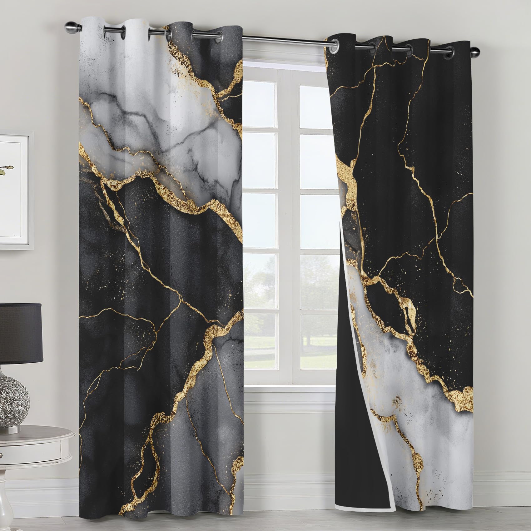 Generisch Schwarz Gold Marmor Vorhänge Wohnzimmer, Vorhang Blickdicht Moderne Abstraktion Gardinen mit Ösen Schlafzimmer, Thermo Verdunklungsvorhänge 2er Set H160 x B140 cm pw&33