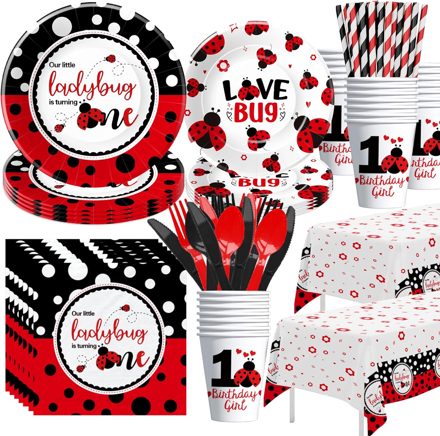 Ladybug First Birthday Party Decorations Tableware - Our Little Ladybug Is Turning One Party Supplies, Plate, Cup, Napkin, Tablecloth, Cutlery, Lady Bug 1st Birthday Party Supplies | Serve 24