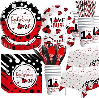 Ladybug First Birthday Party Decorations Tableware - Our Little Ladybug Is Turning One Party Supplies, Plate, Cup, Napkin, Tablecloth, Cutlery, Lady Bug 1st Birthday Party Supplies | Serve 24