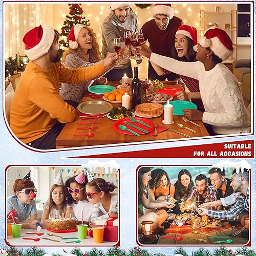 Miniatura 7 de Juego de 240 platos de plástico desechables de Navidad, incluye 60 platos de plástico para fiestas, 60 cuchillos, 60 tenedores, 60 cucharas para 60