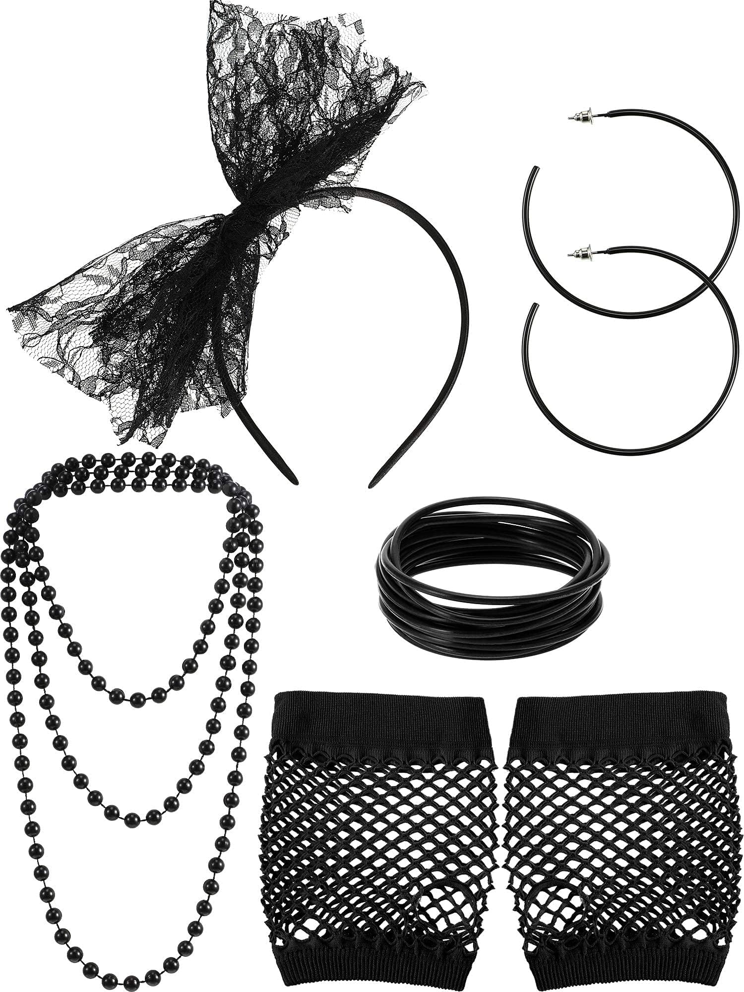 80s Fancy Dress Costume Accessories Lace Headband Earrings Fishnet Gloves Necklace Bracelet for 80s Retro Party Black, One Size