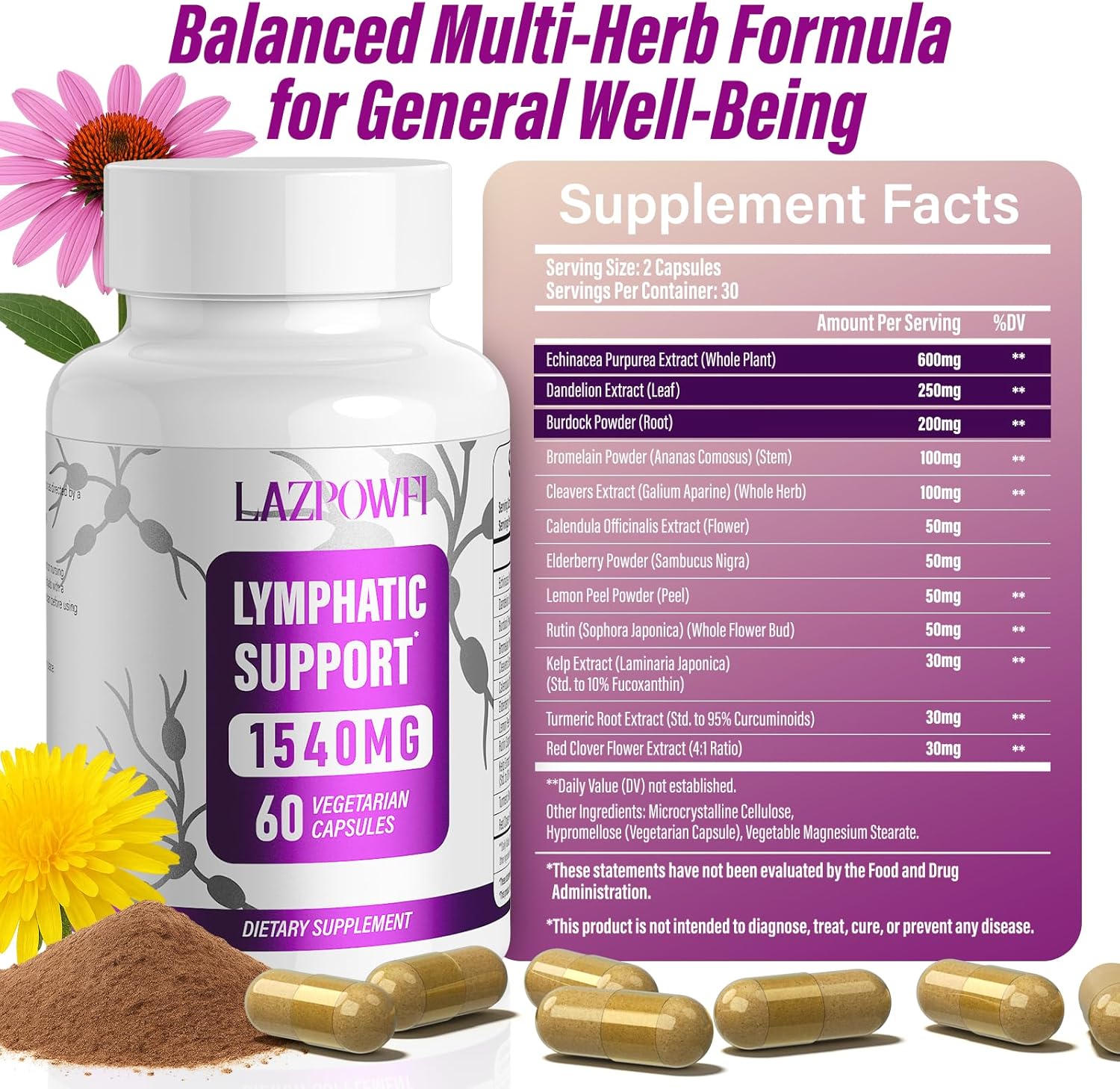 Lymphatic Drainage Supplements, 1540mg Lymph System Support Supplement for Women & Men with Dandelion, Burdock, Echinacea,Rutin, Turmeric,Cleavers & More, 60 Capsules - Image 5