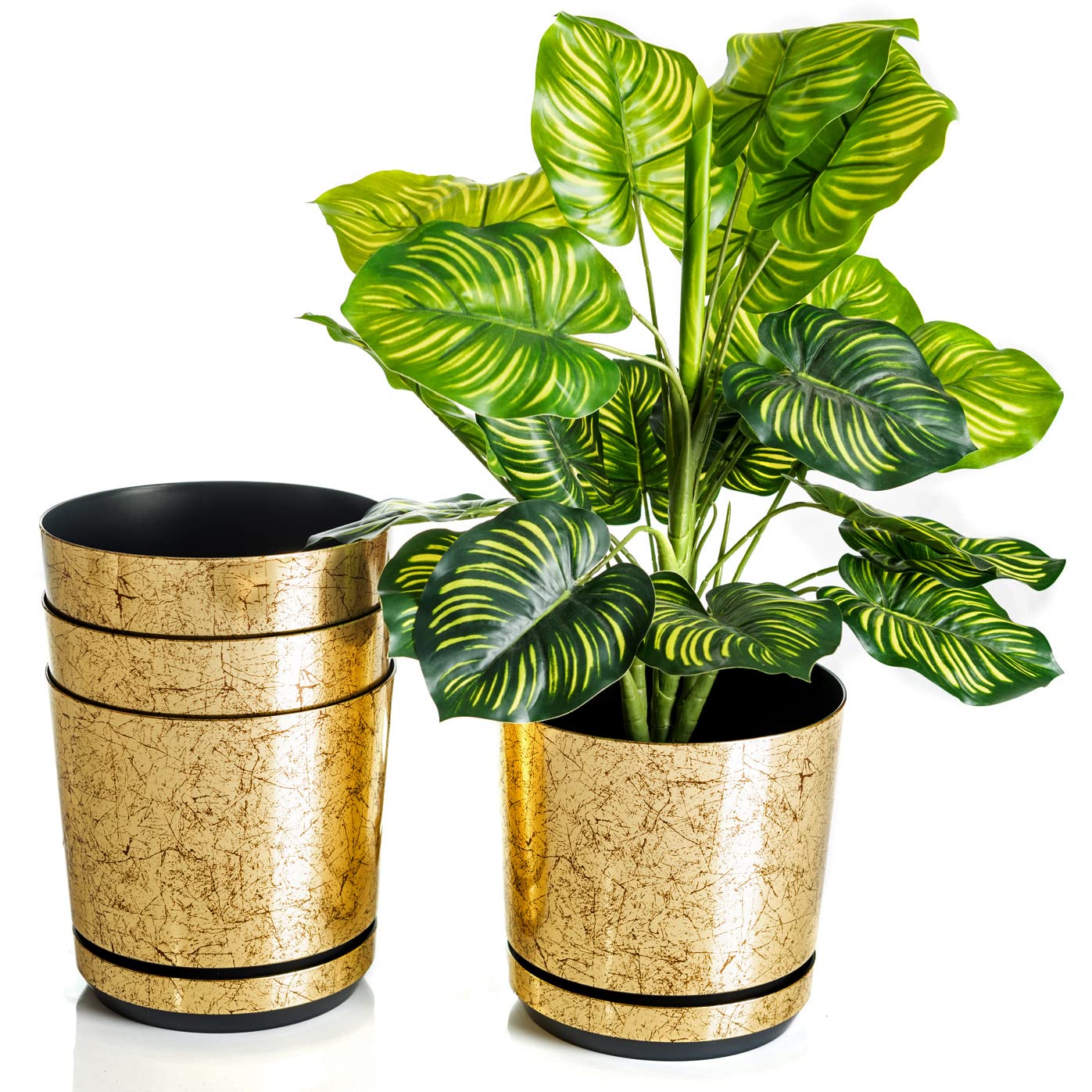 KORAD Conjunto de 4 macetas con Plato de 16 cm de diámetro, Modelo 012 - Oro Viejo; Moderno, Alto Brillo, Estilo clásico, rústico, Loft, para Plantas, Hierbas, Flores y composiciones Vegetales.
