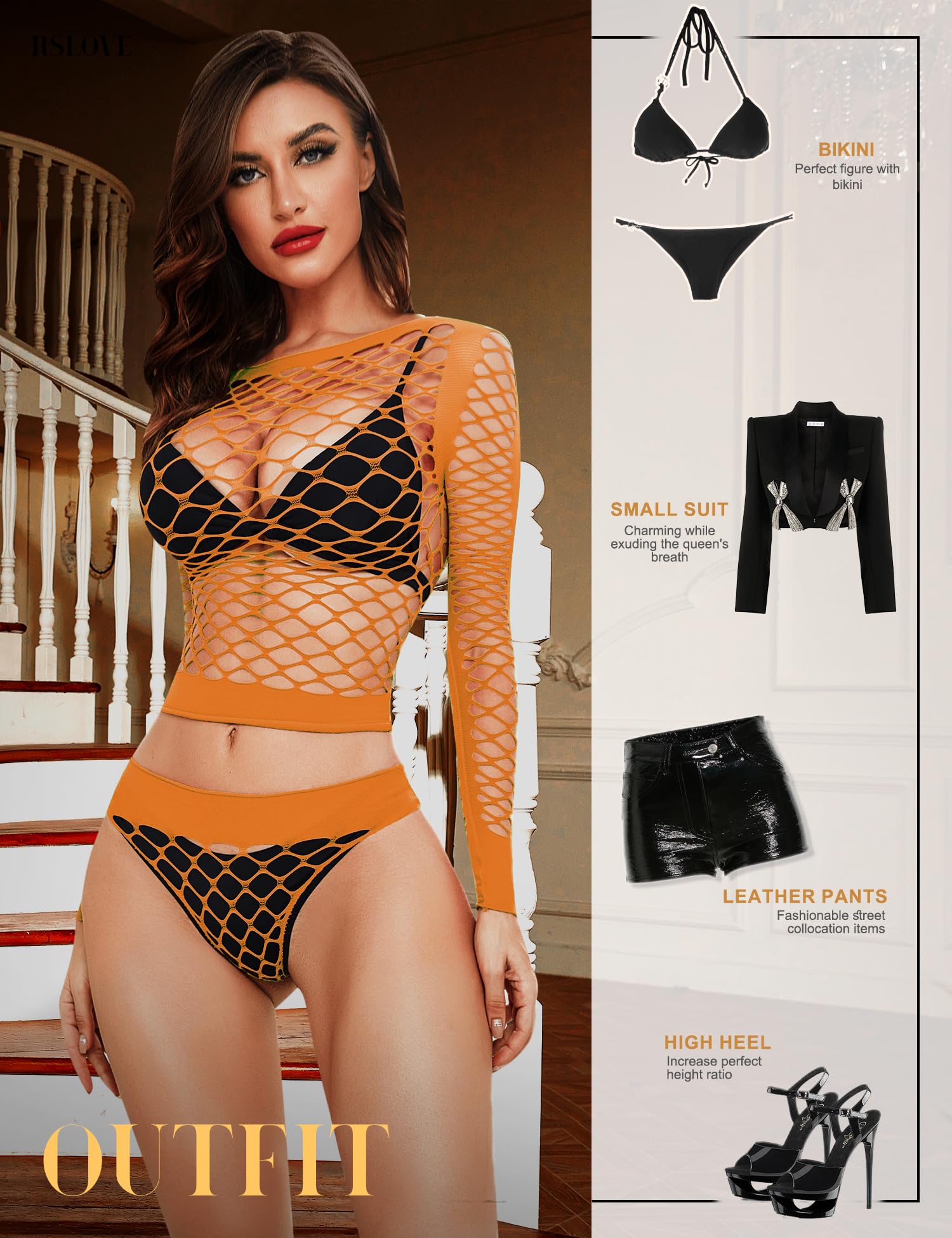 RSLOVE Women Sexy Mesh Lingerie Fishnet Babydoll Free Size Bodysuit See Through Shirts Long Sleeve: One Size Orange