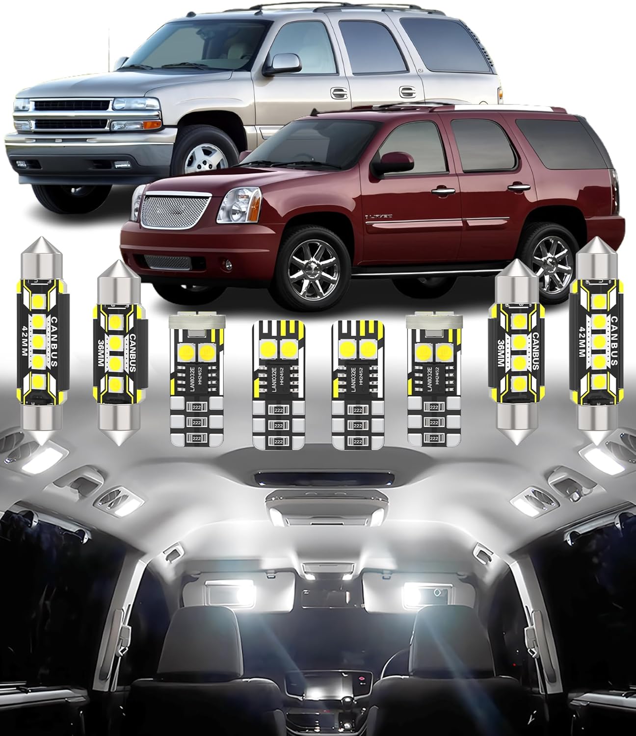 BMT xms Car Interior LED Light Replacement for GMC Yukon Tahoe Suburban GMT800 2000-2006,6000K Super Bright Interior Light Bulbs Package, 20pcs