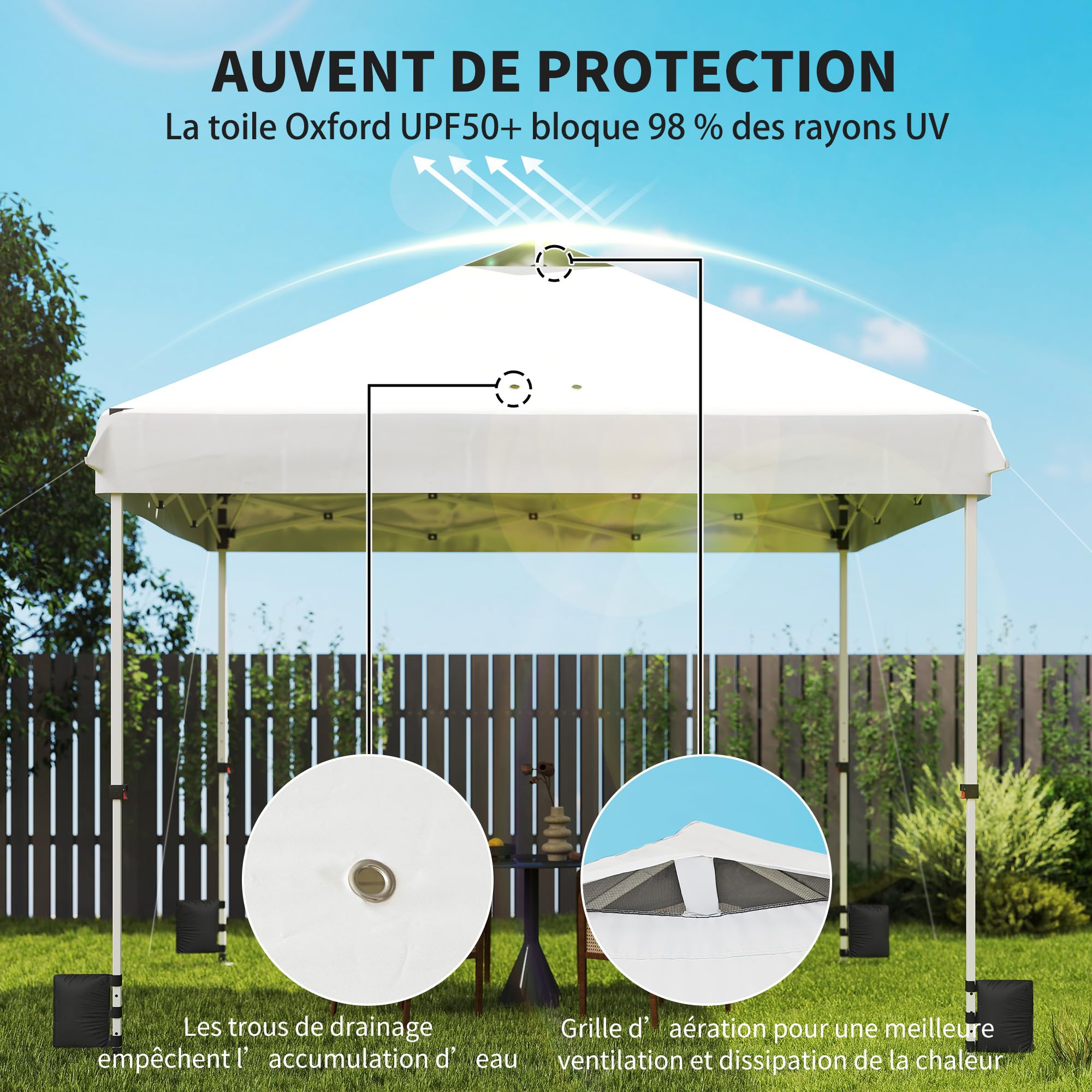 Outsunny Tonnelle de Jardin Exterieur 3x3m, tonnelle Pliante Pop-up avec Roues, Protection Solaire UPF50+, 4 Sacs de Sable, Hauteur réglable, Sac de Transport, Blanc