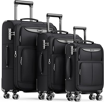 SHOWKOO Luggage Sets 3 Piece Softside Expandable Lightweight Durable Suitcase Sets Double Spinner Wheels TSA Lock Black 20in24in28in