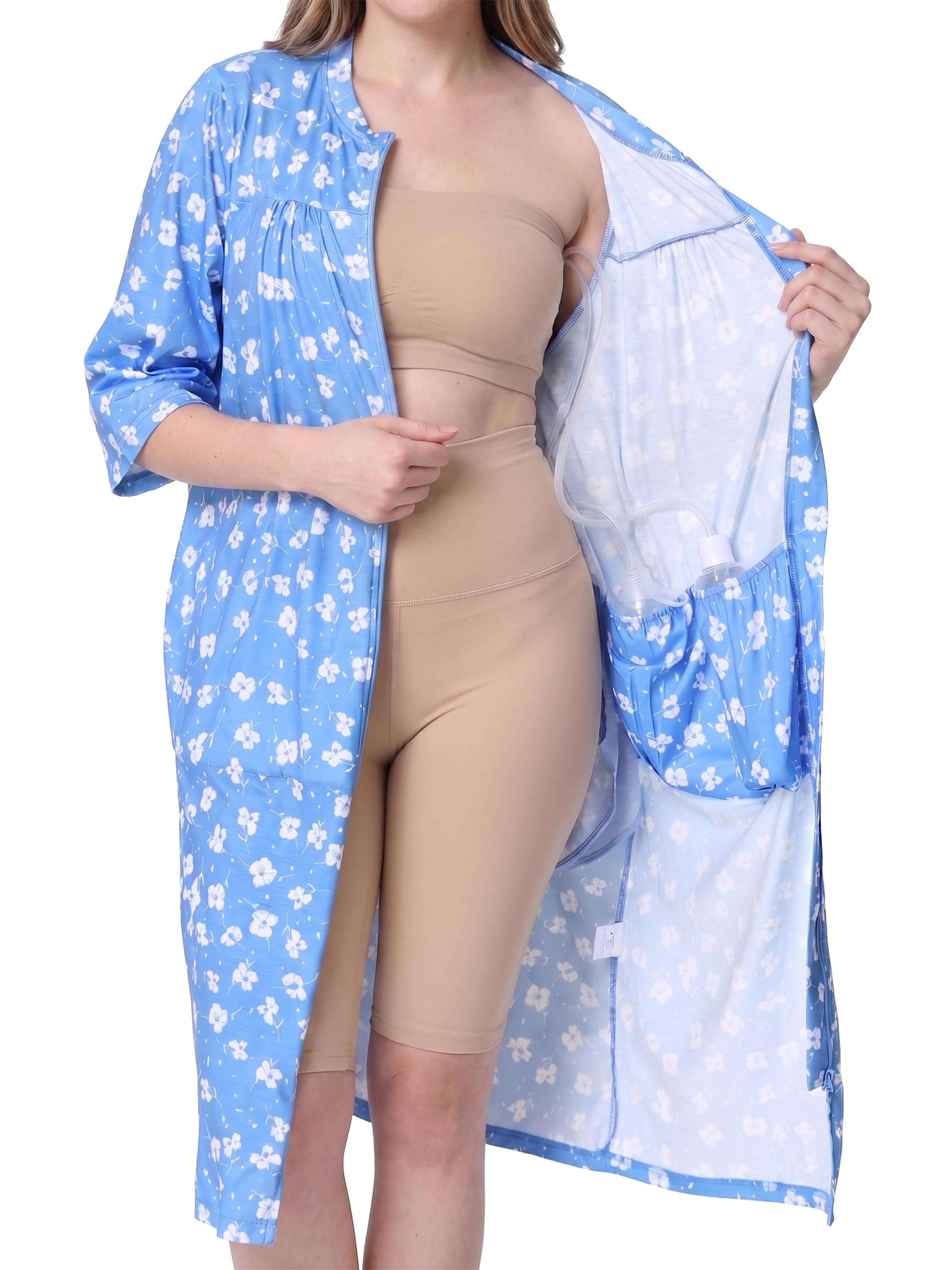 Women's Post Surgery Robe with Drain Pockets Mastectomy Recovery Robe Front Zipper Hospital Gown Pajamas Gift
