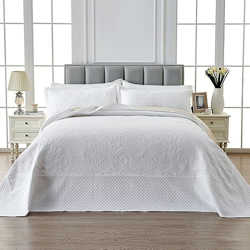 Miniatura 2 de Qucover Colcha tamaño King extragrande de color blanco, microfibra suave, ligera, tamaño California King, juego de edredón ultrasónico de 3 piezas