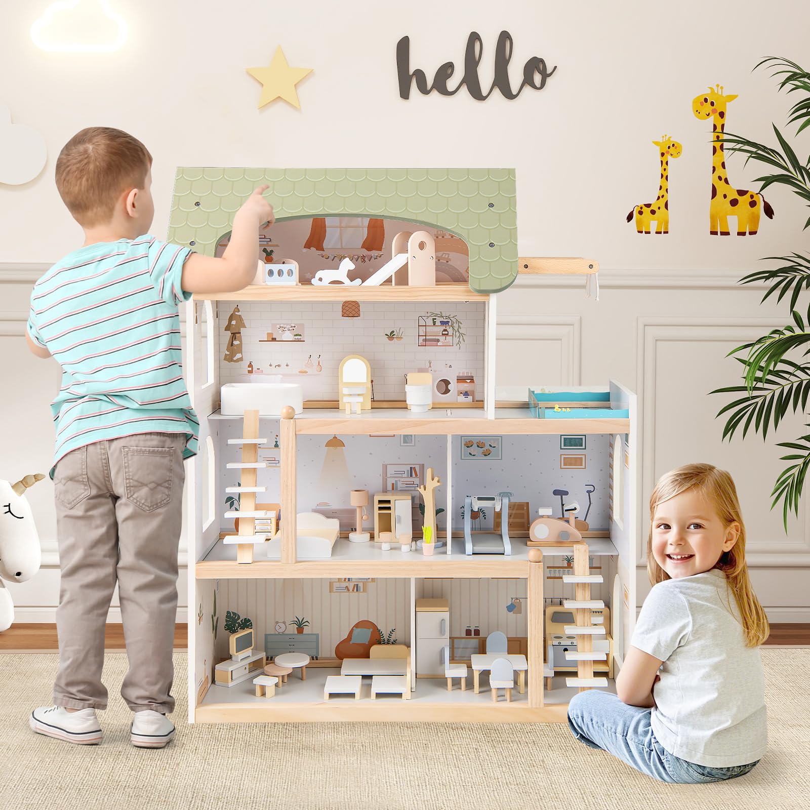 COSTWAY Puppenhaus Holz, Kinder Dollhouse mit 33 Möbelstücken, Puppenstube mit Balkon & Pool, Puppenvilla Traumvilla für Mädchen & Jungen ab 2 Jahren (Grün)