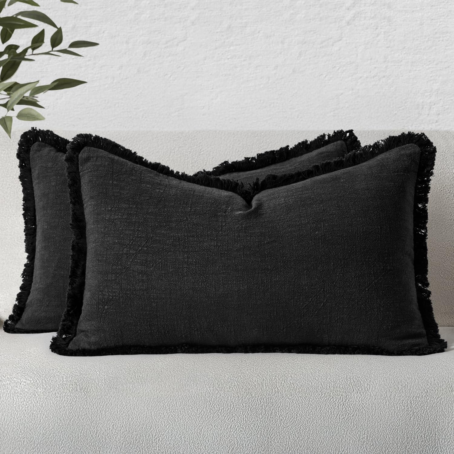MIULEE Boho Linen Fringe Decorative Lumbar Throw Pillow Covers Black 12x20