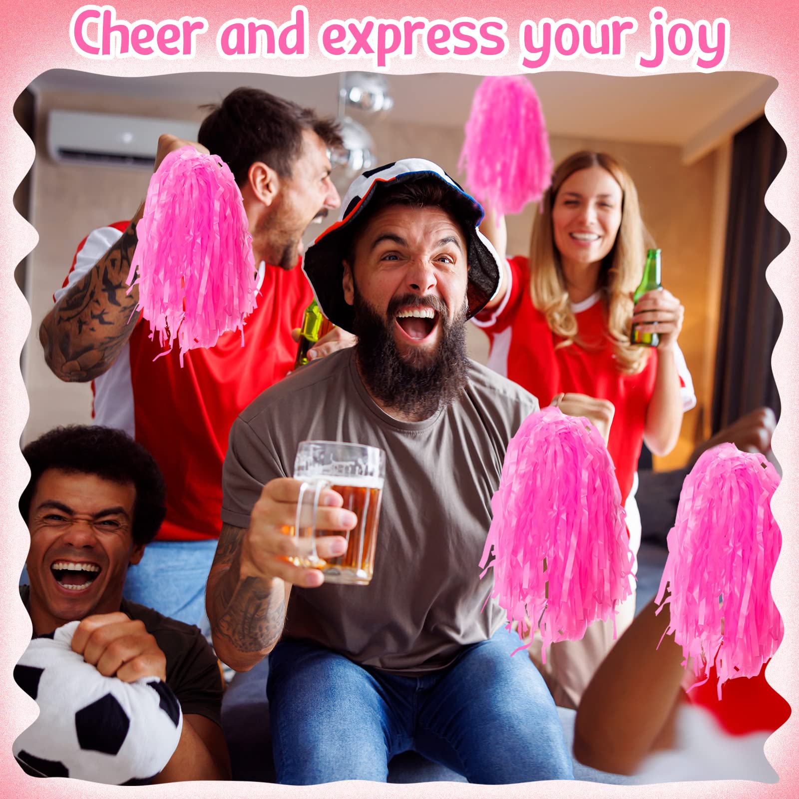 Lenwen 40 Pack Pom Poms Cheerleading Sports Dance Spirited Plastic Cheer Pompom Cheerleading Poms with Handles for Kids Adults Rooters Sports Team Cheering Party (Pink)