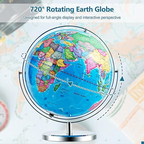 Miniatura 3 de Globo del mundo iluminado de 13 pulgadas con soporte, globo de escritorio con luz LED, mapa claro y rotación de 720, globos geográficos educativos