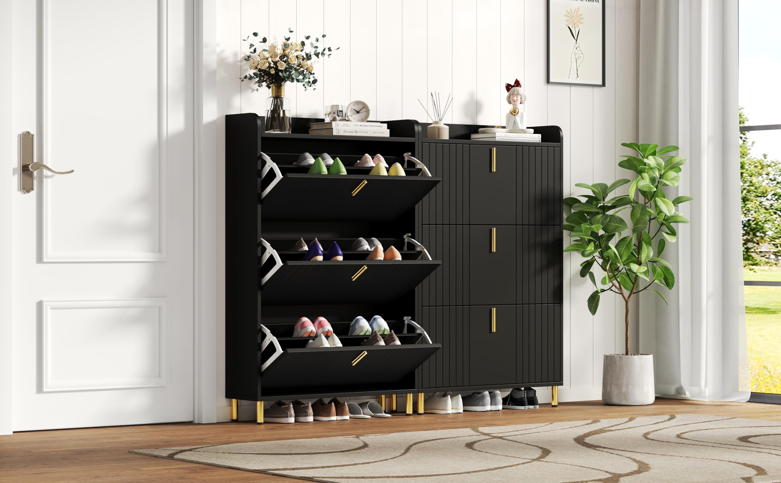 2er Set Schuhschränke je 3 Klappen 6 Fächer Schwarz 80x23,5x123,5cm