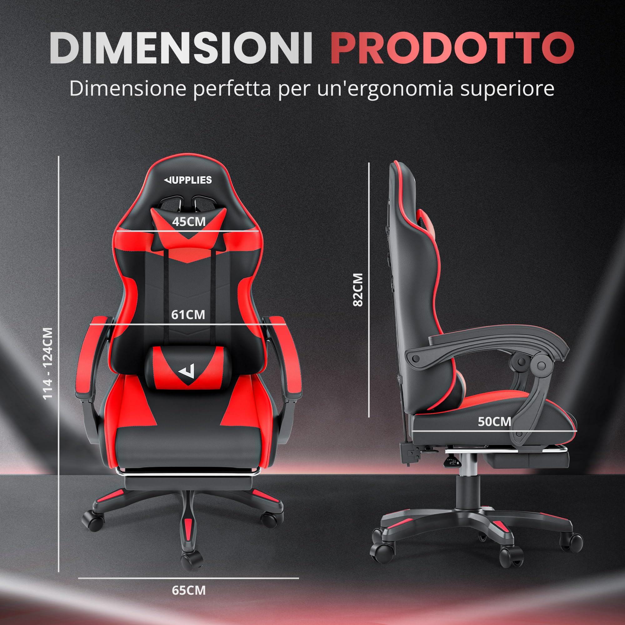 JUPPLIES Sedia da Gaming con Poggiapiedi Estensibile e Massaggiatore Lombare | Poltrona Gaming Reclinabile fino a 135° e Regolabile in Altezza | Sedia da Ufficio Ergonomica con Braccioli Imbottiti