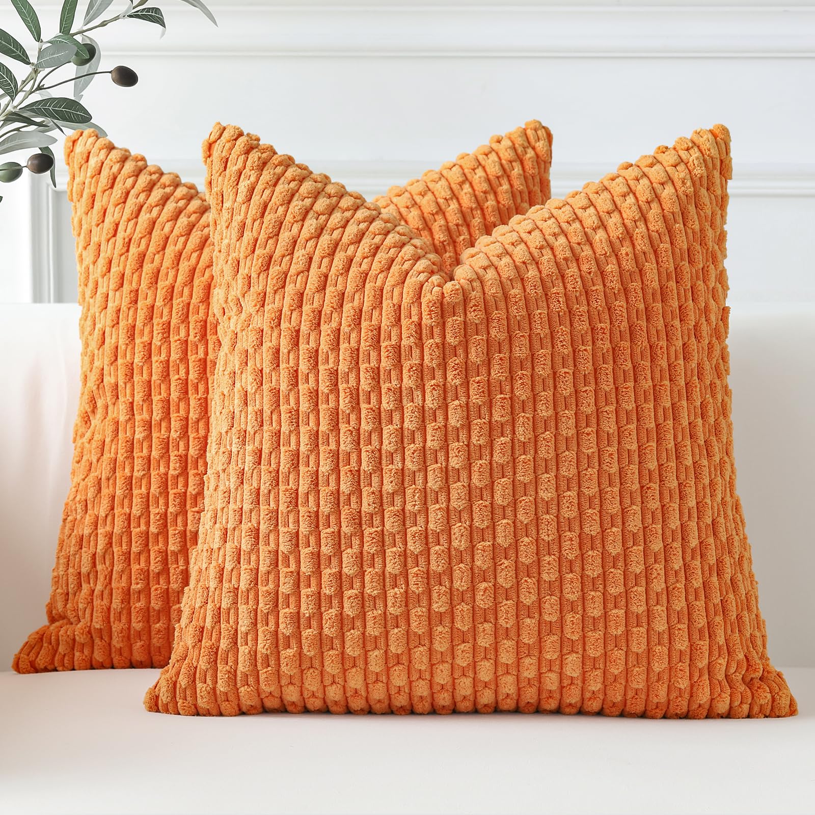 Sungeek Set of 2 Orange Soft Corduroy Decorative Cushion Covers Boho Striped Throw Pillow Covers for Sofa Couch Living Room Patio Farmhouse Home Decor Pillowcases 45x45cm