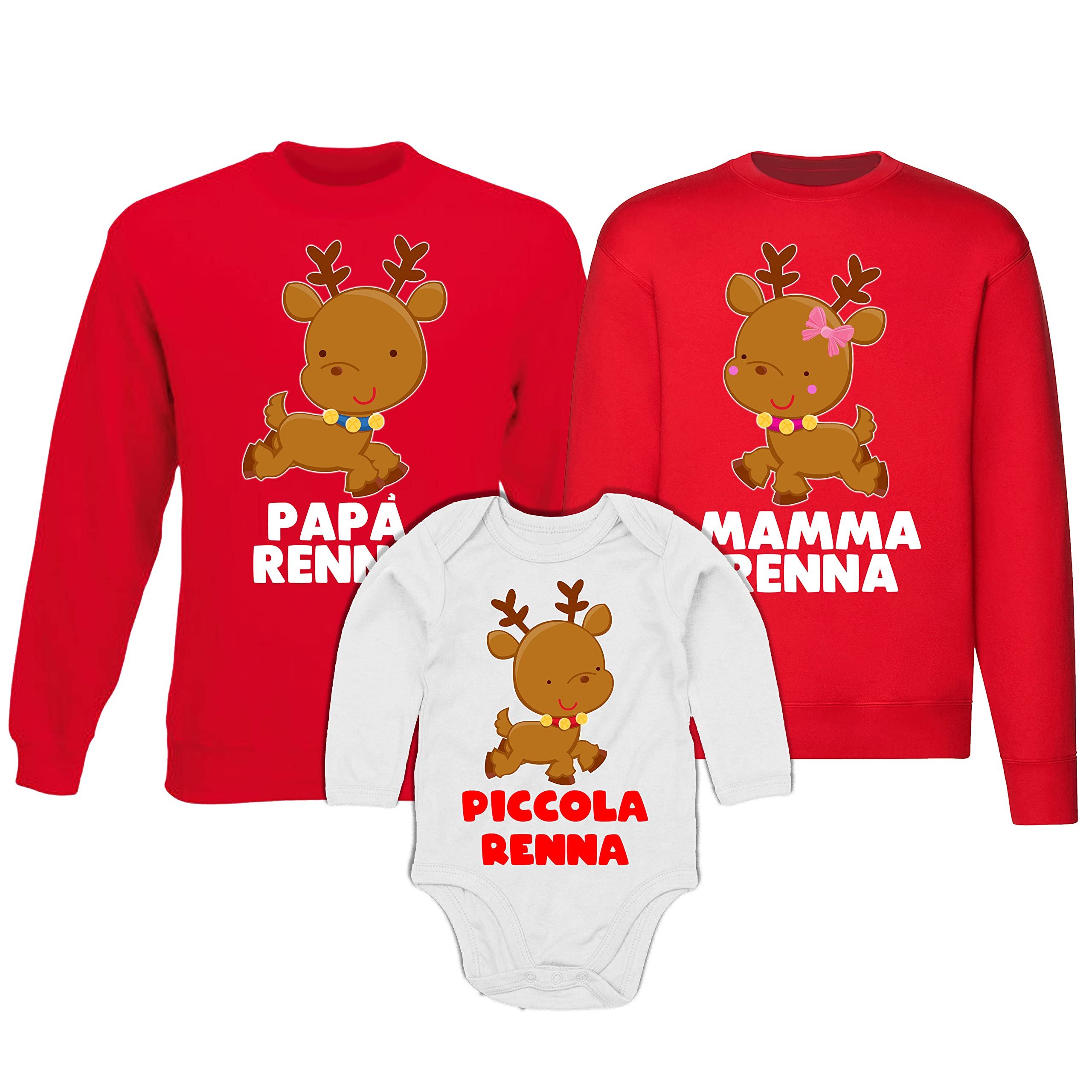 Tris Natale Felpe Girocollo Body Manica Lunga per Uso Quotidiano Giornaliero Famiglia Babbo Natale Renna Pupazzo di Neve papà Mamma Baby Coordinato