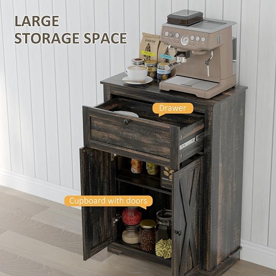 Farmhouse Barn Door Accent Cabinet, Kitchen Buffet Sideboard Storage Cabinet with Double Doors, Drawer, and Adjustable Shelf for Bedroom, Living Room, Dark Brown