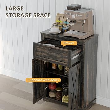 Farmhouse Barn Door Accent Cabinet, Kitchen Buffet Sideboard Storage Cabinet with Double Doors, Drawer, and Adjustable Shelf for Bedroom, Living Room, Dark Brown