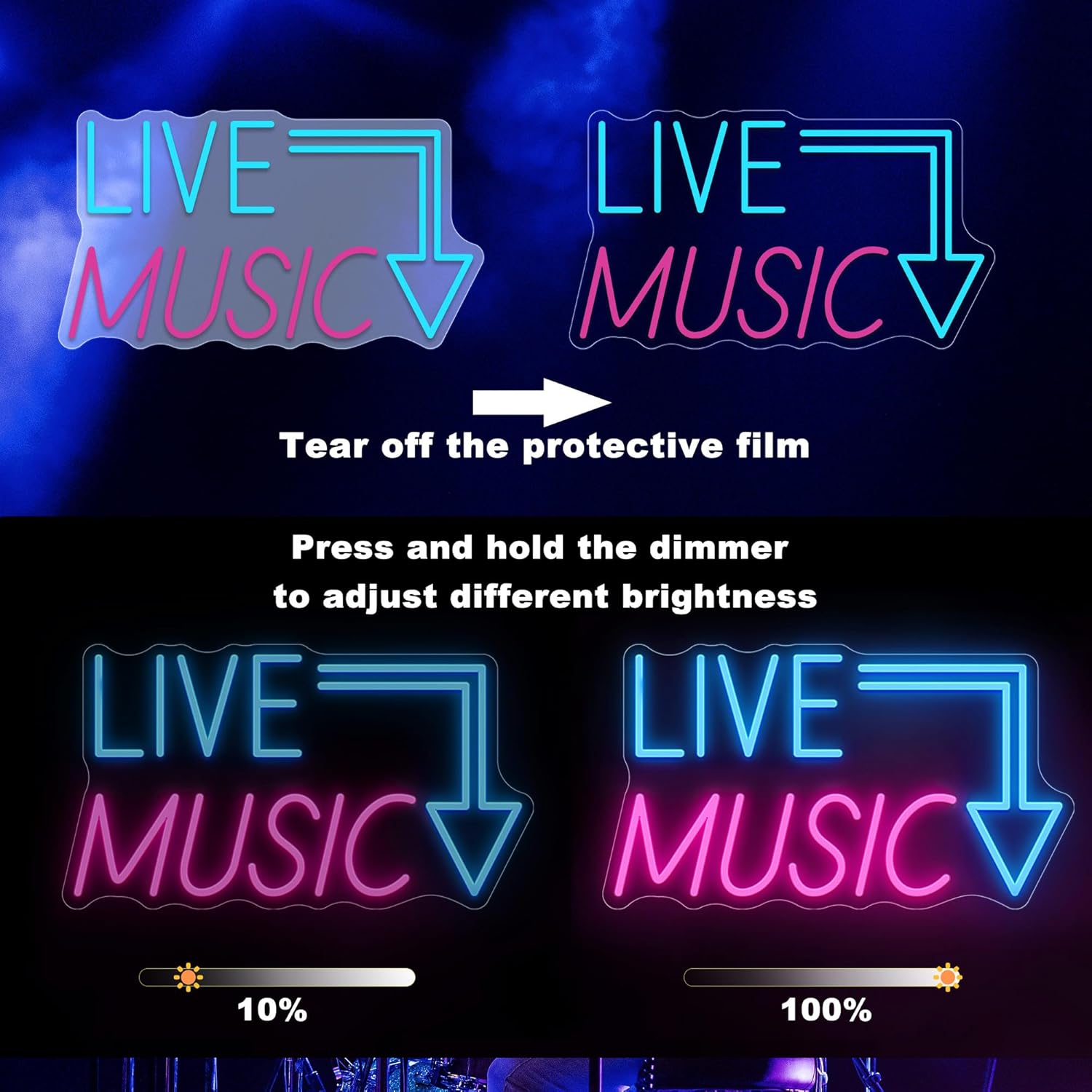 Live Music Neon Sign, Dimmable LED Wall Decor for Bedroom, Man Cave, Game Room, Home Bar, Music Studio, Nightclubs, Parties - Handcrafted