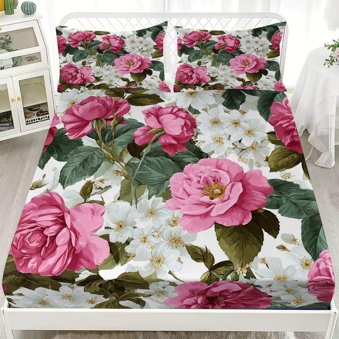 Rose Super King Fitted Sheet Flowers Bed Sheets Deep Pocket 12 inch (30 cm) Soft Cozy 3 Piece Microfibre Bed Sheet 180x200 cm with 2 Pillowcases 50x75 cm
