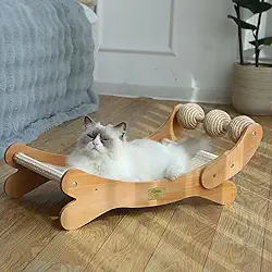 Cama arranhadora para gatos, tábua de arranhar, rede, espreguiçadeira de madeira de faia com brinquedos de bola de sisal, grande, confortável, adequada para todos os tipos de raças, arranhar e