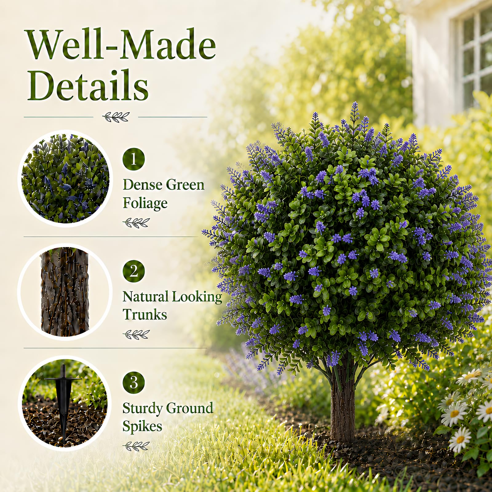 Árbol de lavanda artificial, 60 cm, juego de 2 unidades, resistente a los rayos UV, planta artificial con pico, para jardín y balcón