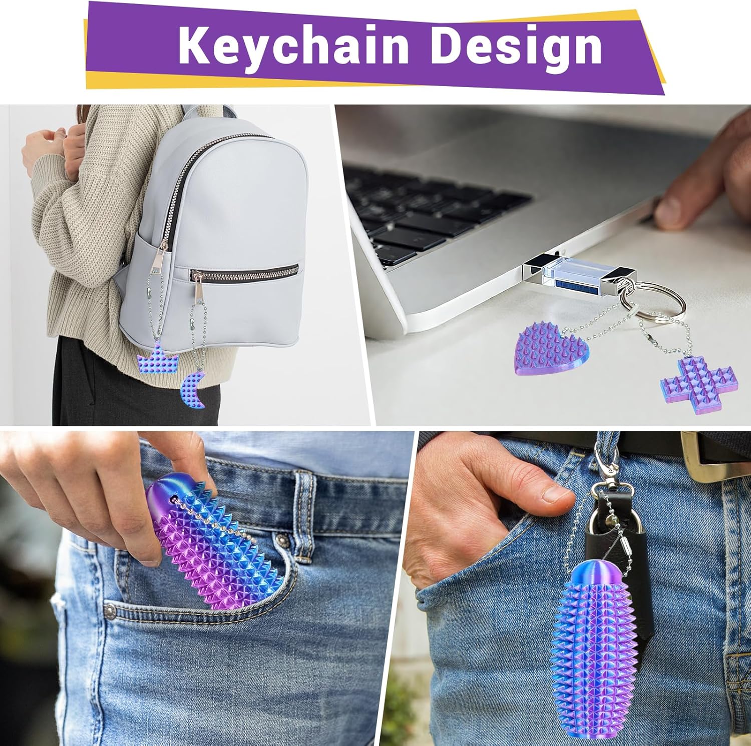 6 PCS Pain Stim Fidget Set,Little Ouchies Style 3D Printed Sensory Stress Relief Toys for Adults and Teens,Keychain Design,Helps with Anxiety, ADHD,Autism,Unique Gift for Men (6pcs-Purple)