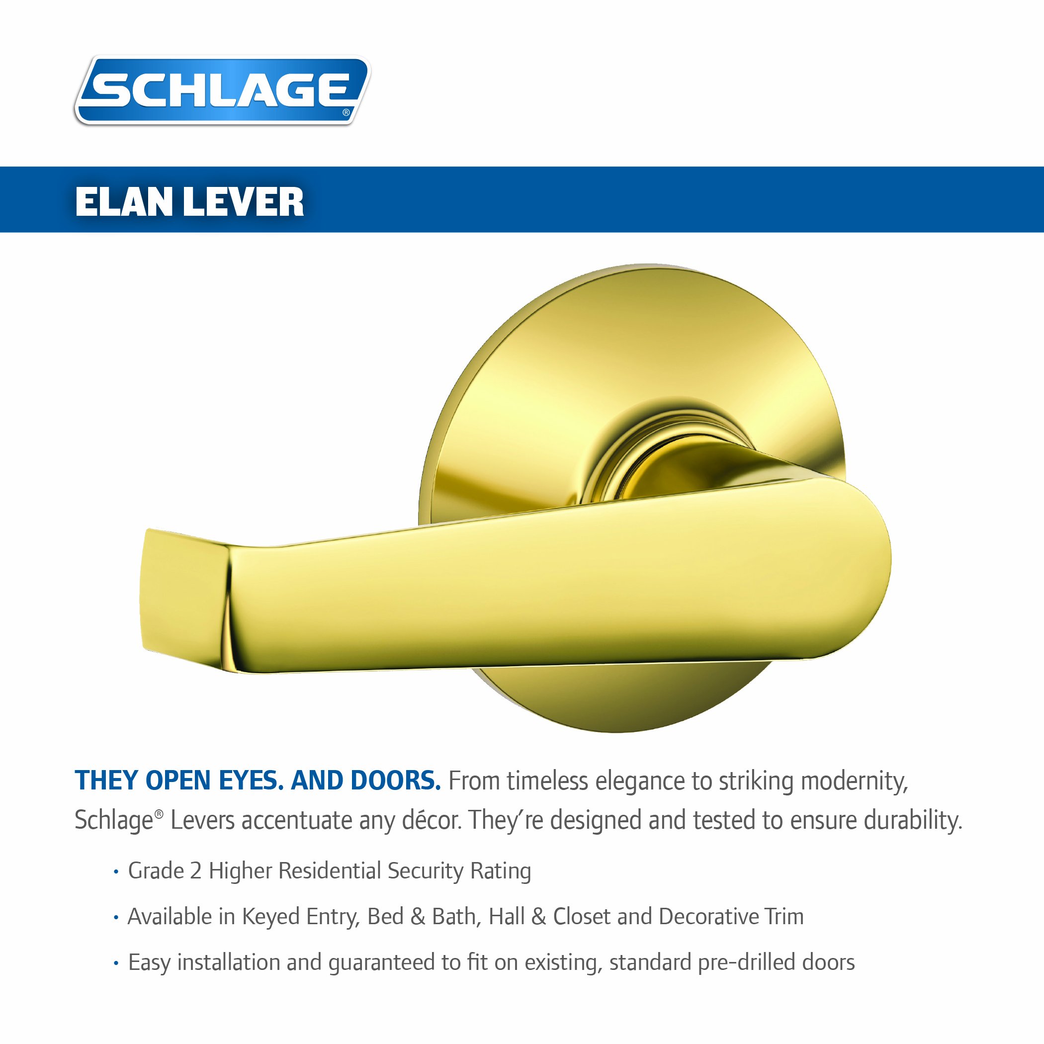 SCHLAGE F40VELA605 Elan Privacy Lever, Bright Brass, Made of Light Brass, 1-3/8" or 1-3/4" door thickness - Image 2