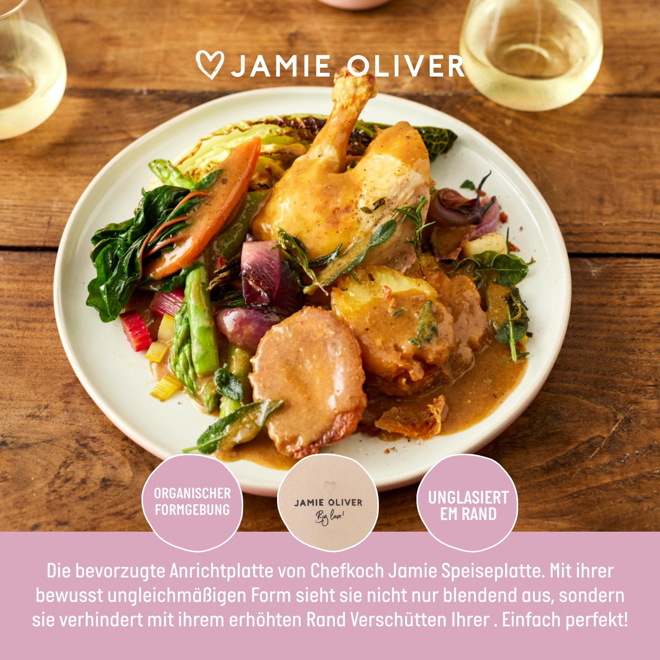 Jamie Oliver Big Love Perfect Teller, Steingut Essteller mit Erhöhtem Rand, spülmaschinen- und mikrowellengeeignet, Rosa/Weiß, 4er-Set, 27x27x6cm