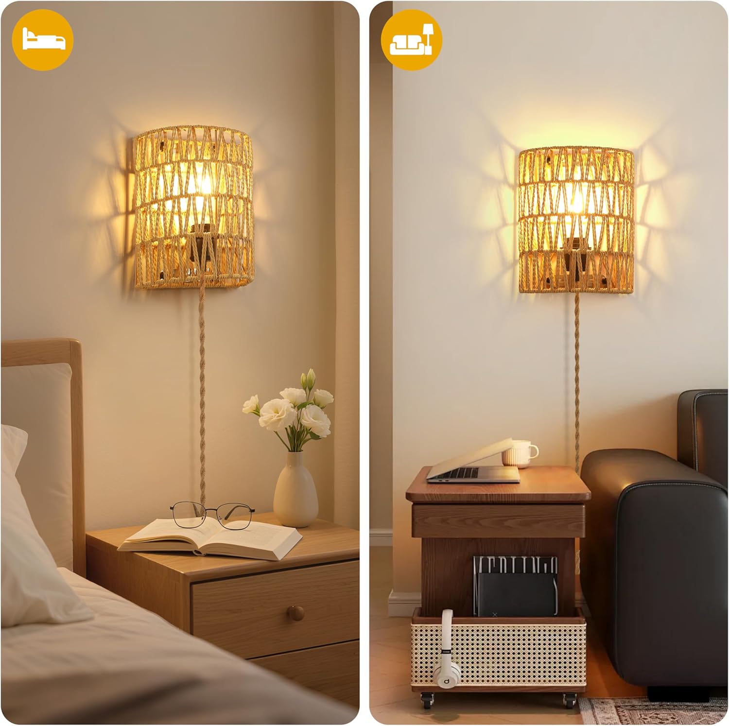 Plug in Wall Sconces, Rattan Sconce Wicker Wall Lamp, Boho Wall Lamp with Plug in Cord, Rustic Boho Light Fixture for Living Room Bedroom Hallway Passway