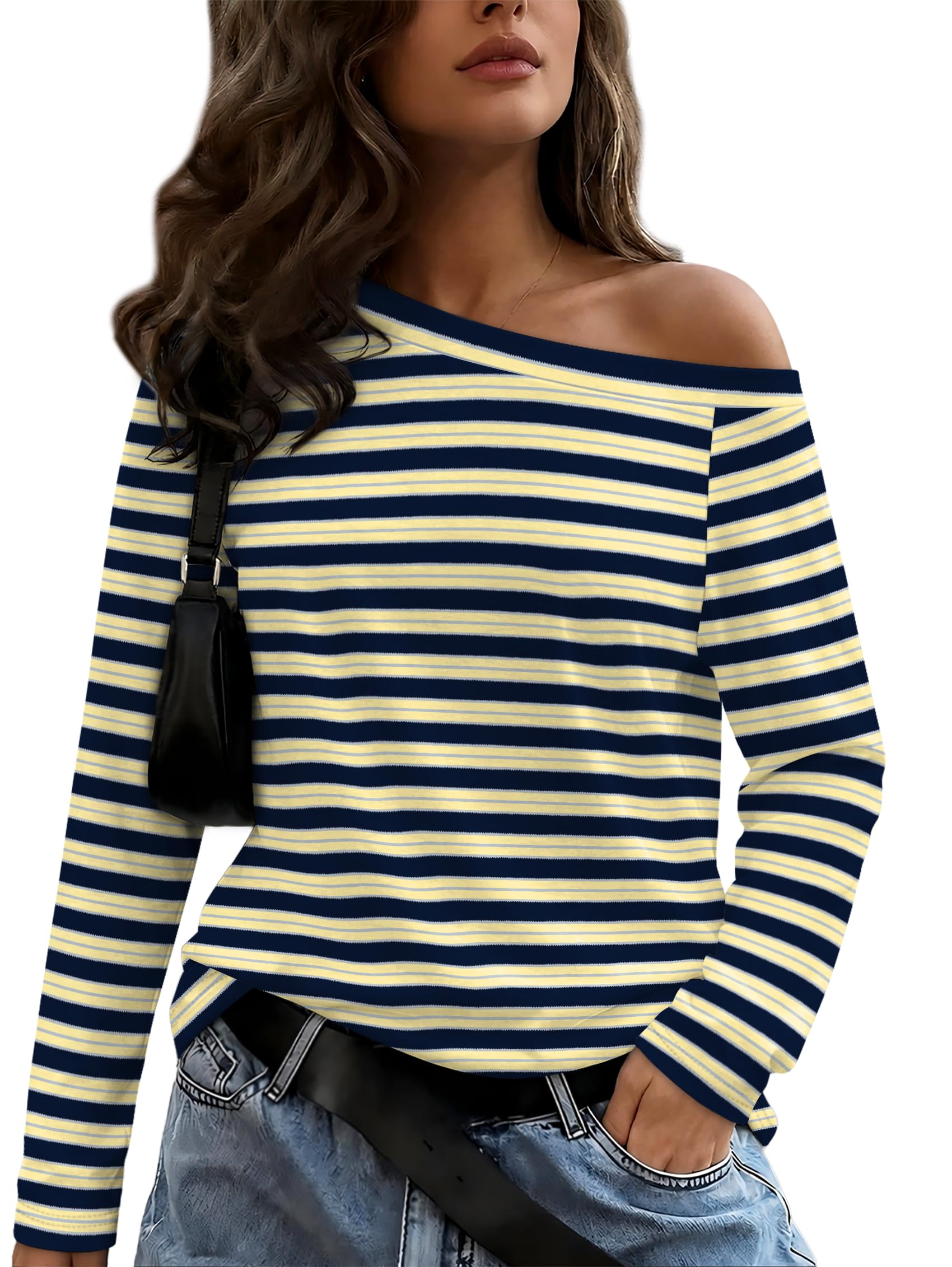 Womens Off The Shoulder Tops Long Sleeve Shirts Fall Winter 2026 Stripe a S
