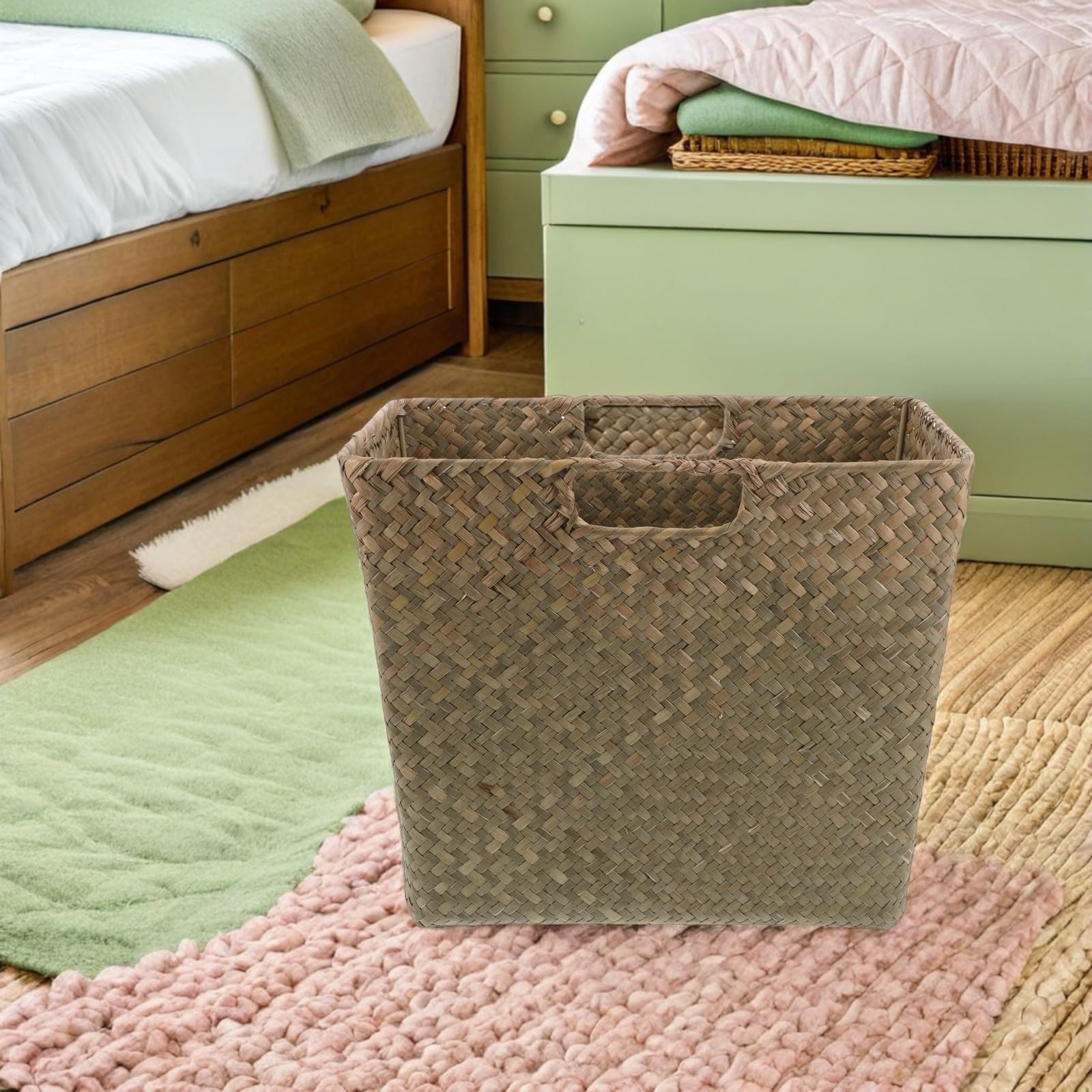 FRCOLOR Cesta de Almacenamiento Tejida a Mano Natural 35x30x18 Cm de Algas Marinas con Asas Dobles Multifuncional para Hogar Oficina y Sala de Estar