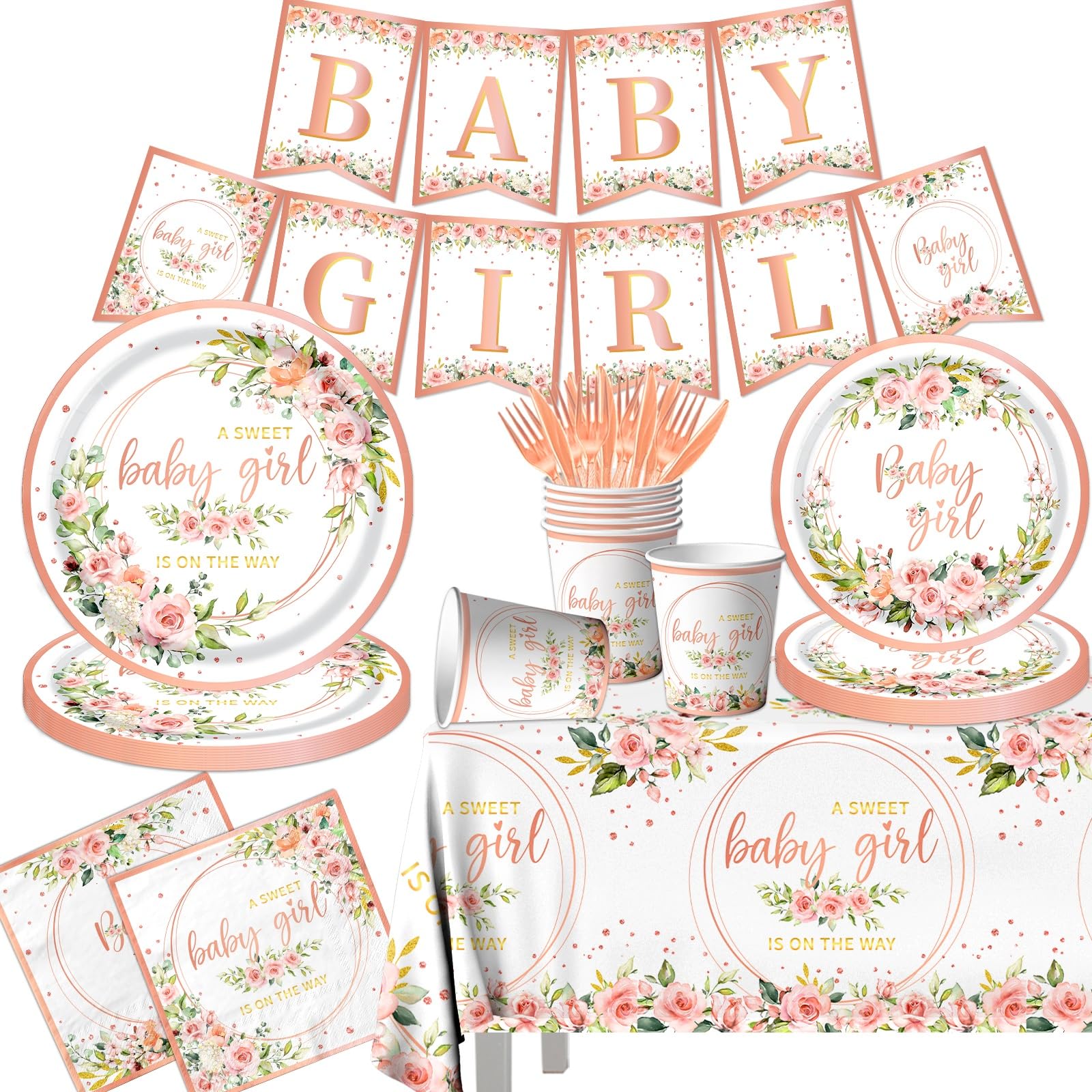 Rose Gold Baby Shower Plates and Napkins Girl Serve 20, Pink Floral Baby  Shower Plates Napkins Cups Banner Tablecloth Forks Knives Decorations Party