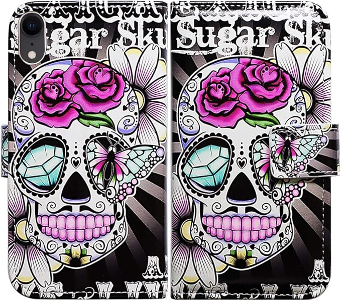 Bcov Case for iPhone XR, Purple Flower Sugar Skull Wallet Flip Leather Cover Case with Credit Card Slot ID Card Holder Kickstand for iPhone XR