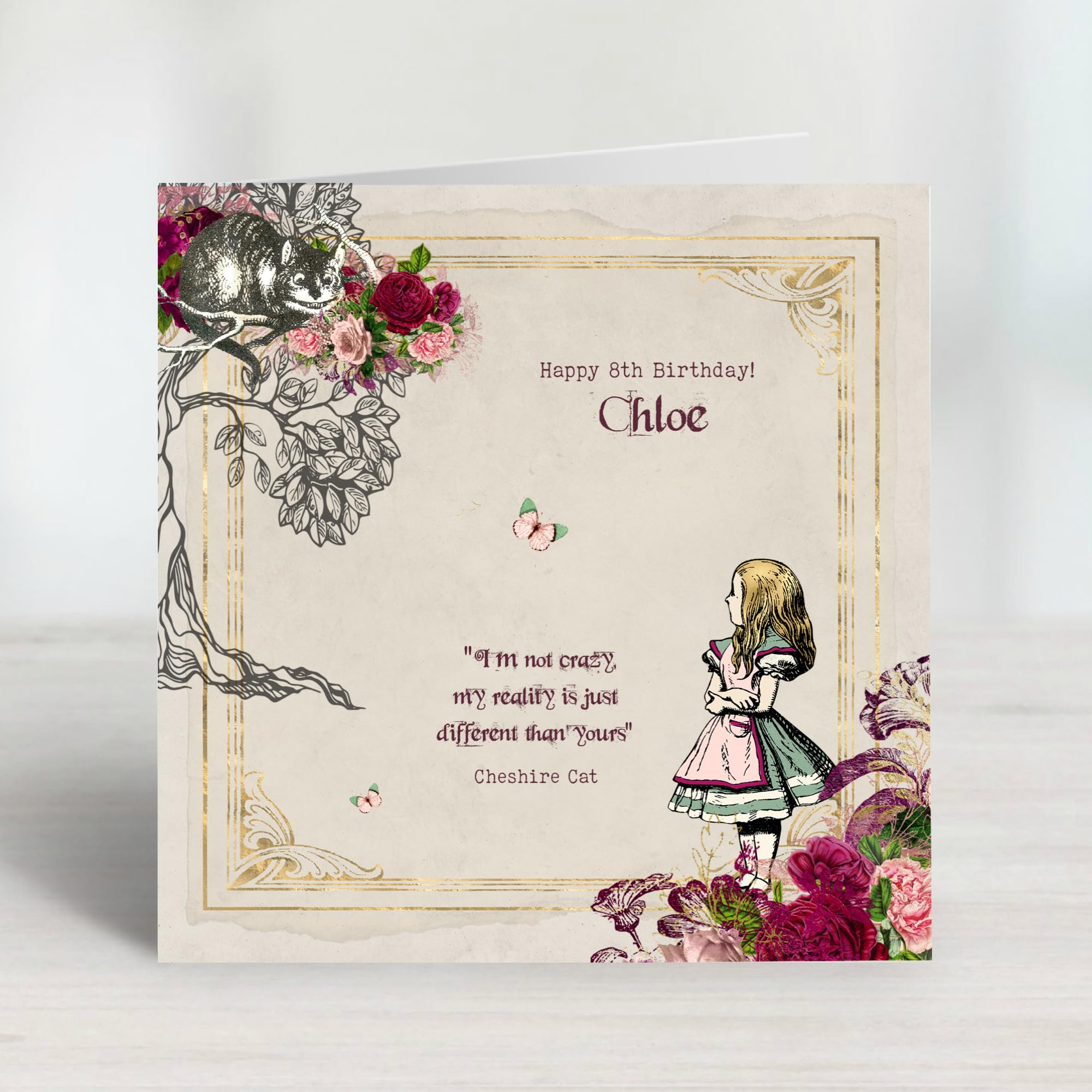 Personalised Alice in Wonderland Birthday Card - Cheshire Cat Quote