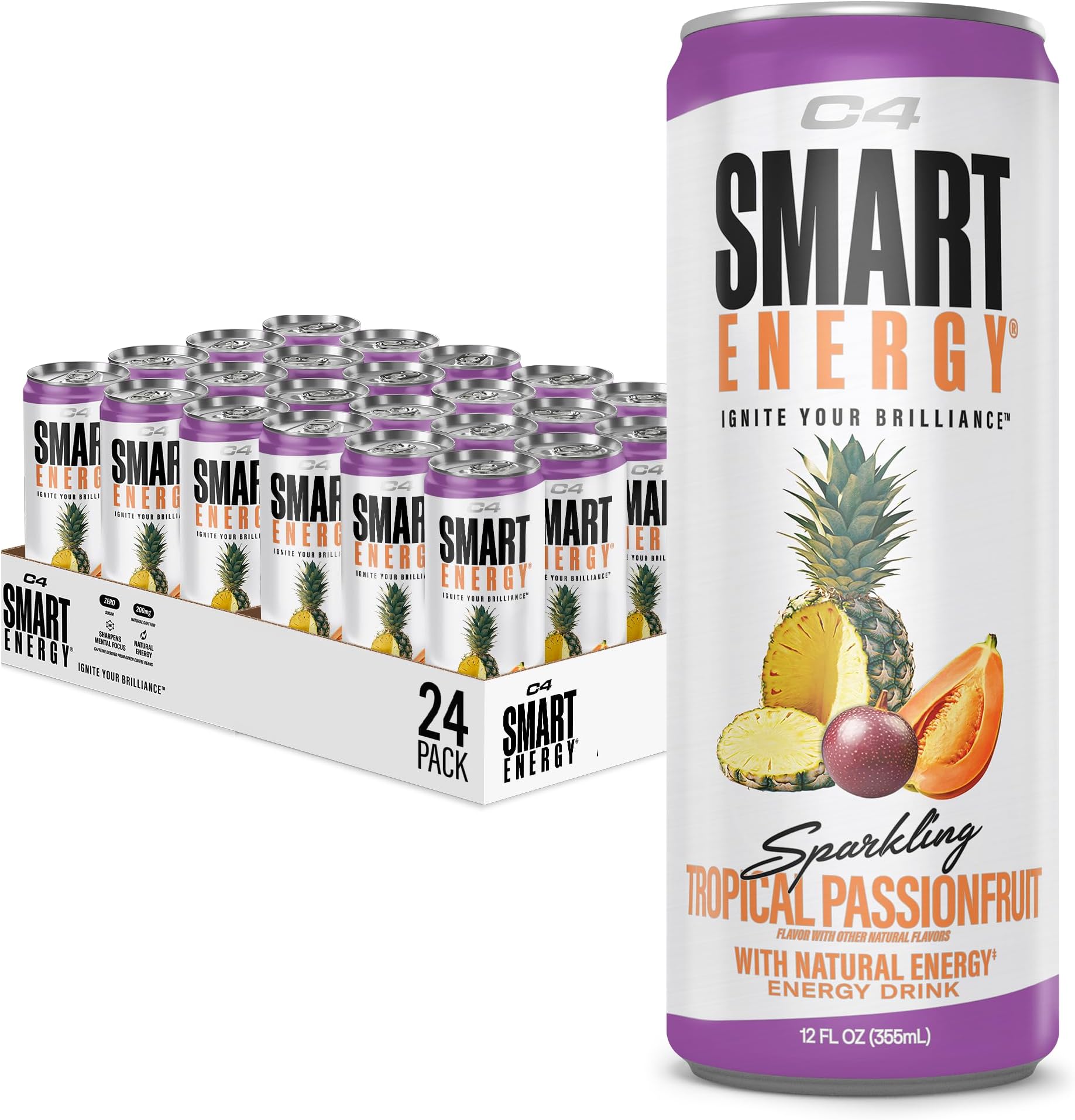 C4 Smart Energy Drink - Sugar Free Performance Fuel & Nootropic Brain Booster, Coffee Substitute or Alternative | Tropical Passionfruit 12 Oz - 24 Pack