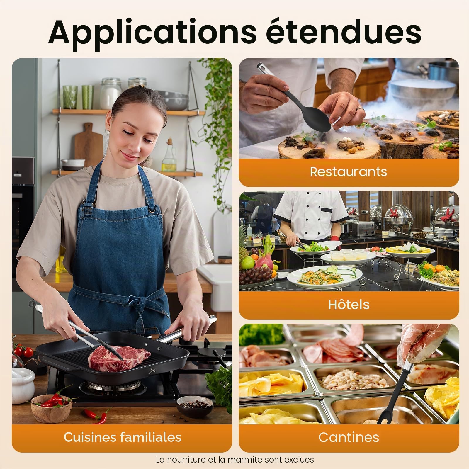 Lot de 40 ustensiles de cuisine en acier inoxydable et nylon - Avec support - Cuillère avec cuillère - Tongs - Fouet à neige - Ouvre-boîte, etc