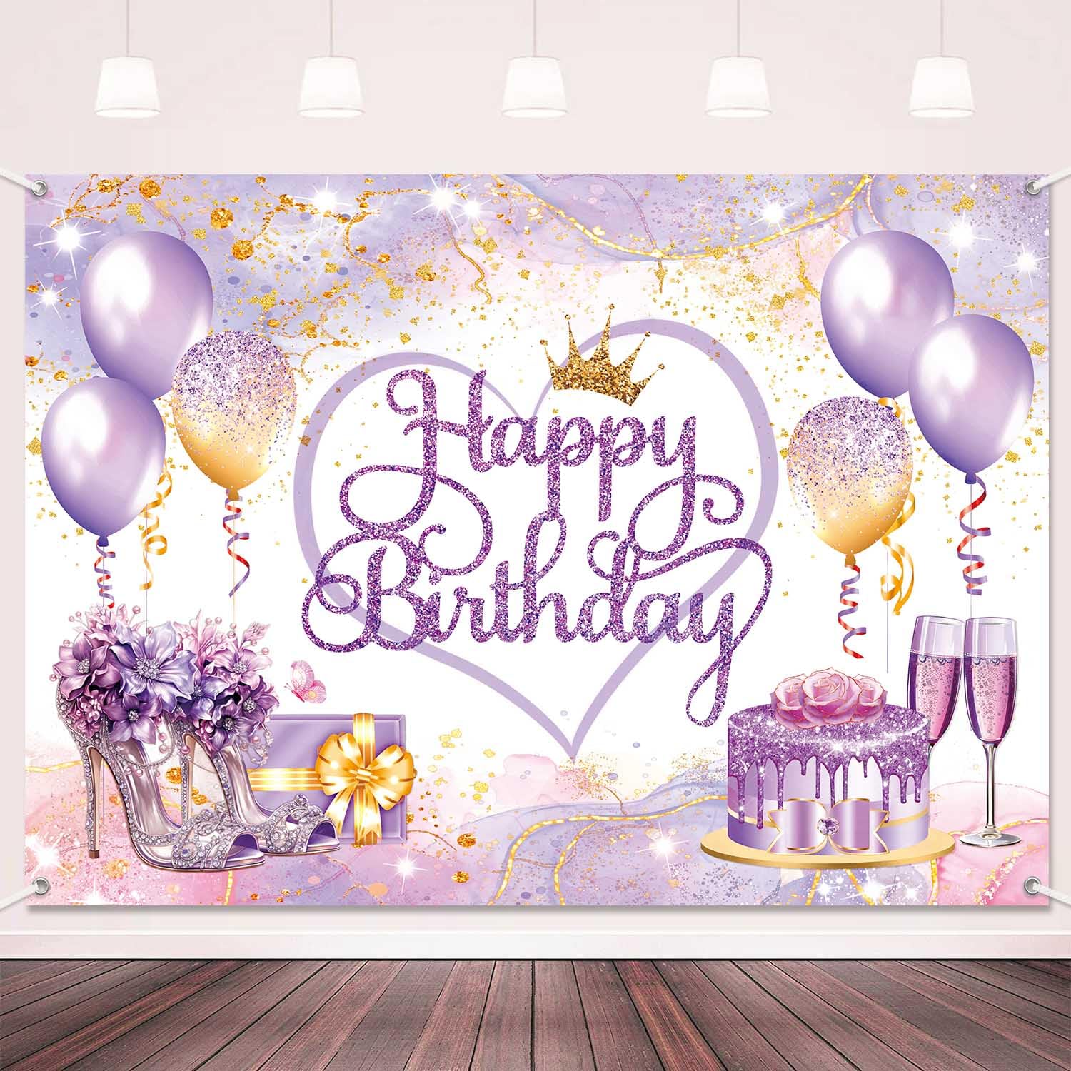 LDWLYW Purple Gold Happy Birthday Banner Backdrop Pink Purple Sign Birthday Decorations for Women Girls Large Balloons High Heels Champagne Theme