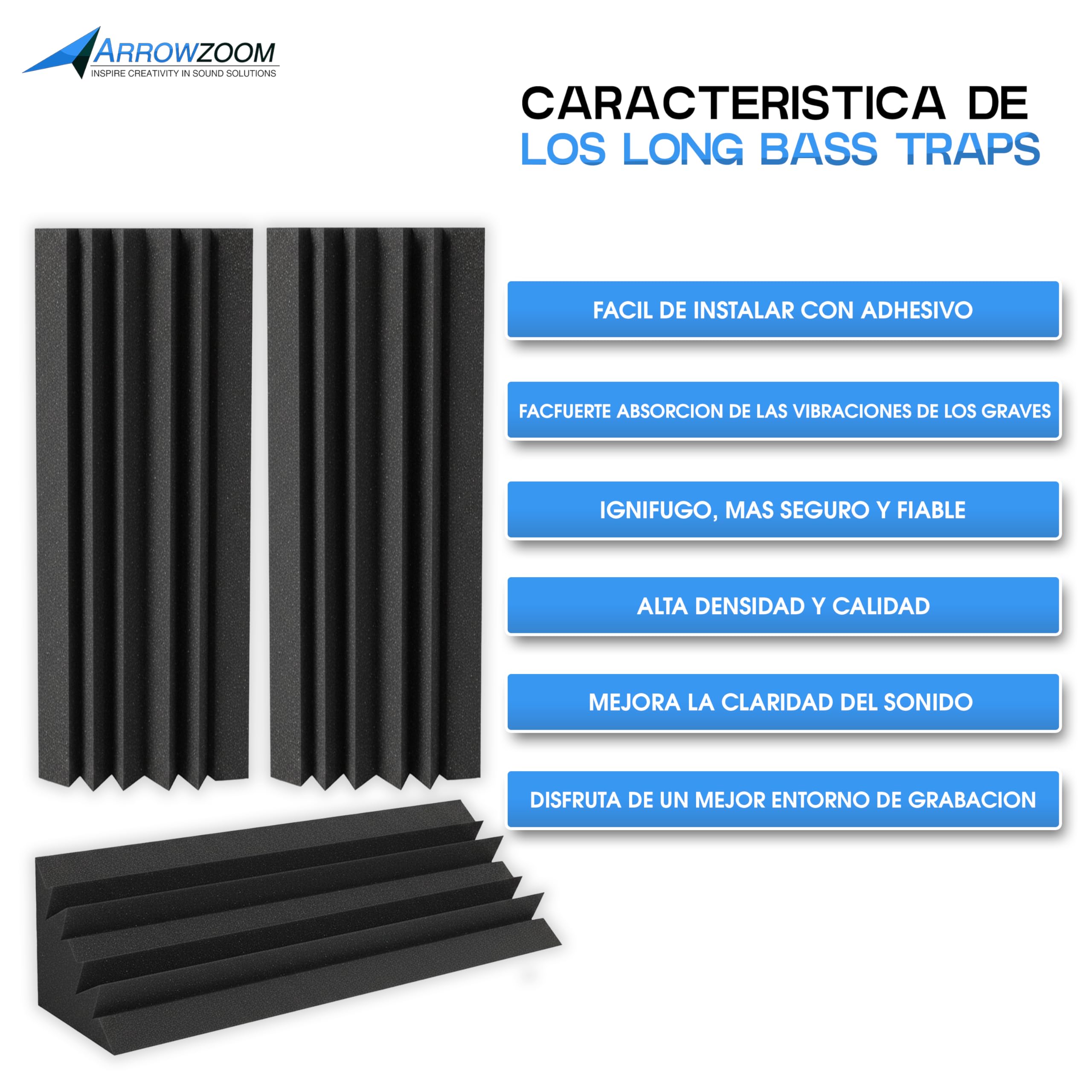 Arrowzoom 4 Bass Trap Acústicos 12x12x48cm Absorbentes Negro | Paneles acústicos para bajas frecuencias 60-300Hz con espuma absorbente para estudio, grabación, gaming y tratamiento