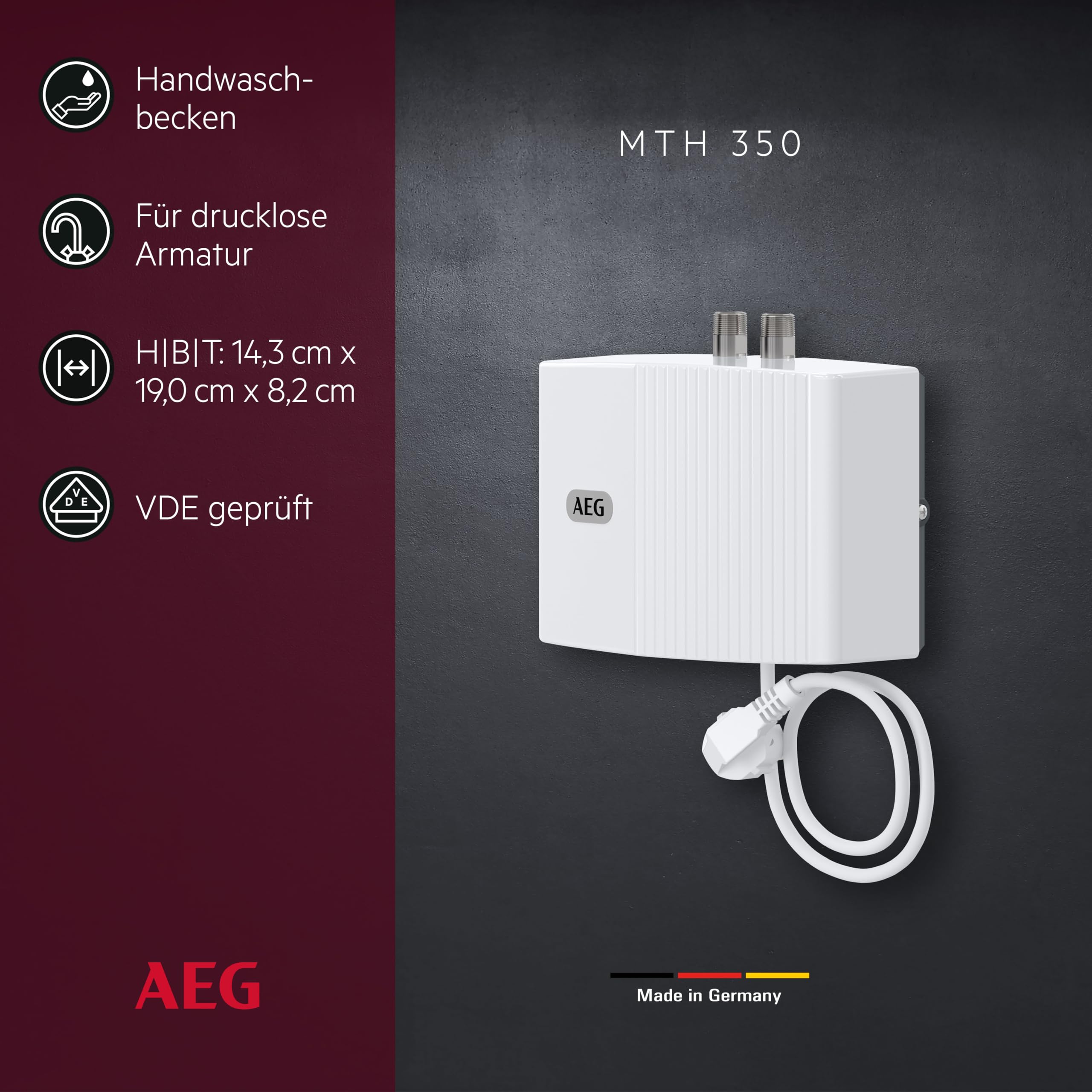 AEG 189554 - Scaldabagno Istantaneo Elettrico - MTH 350, 230 V. Eccellenza tedesca - Made in Germany - 3,5 kW, facile installazione a spina