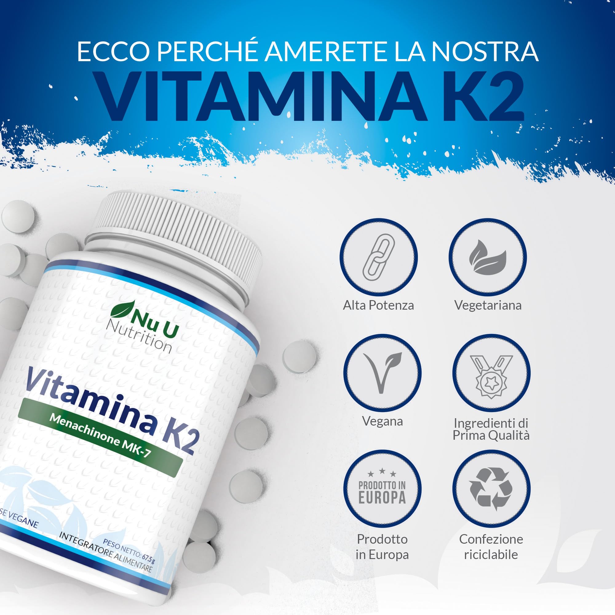 Vitamina K2 MK7 200mcg - 365 Compresse Vegane - 1 Anno di Scorta - Alta Concentrazione di Vit K Menachinone MK-7 da Natto - Prodotto in Europa - Nu U Nutrition