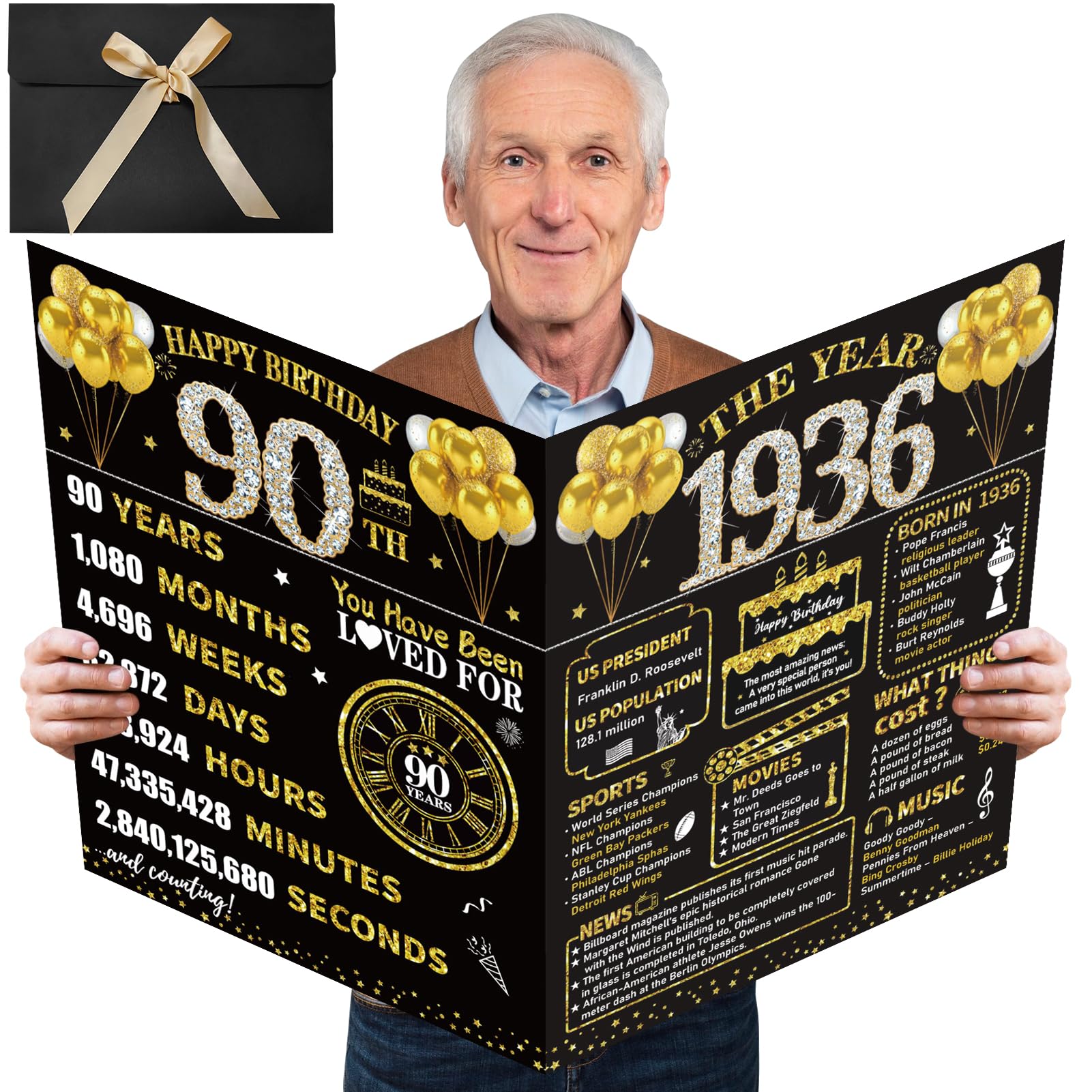 Kuxriox Large 90th Birthday Card With Envelope, Black Gold Happy 90th Birthday Giant Guest Book Gifts for Men Women, Giant Ninety Bday Card Gifts
