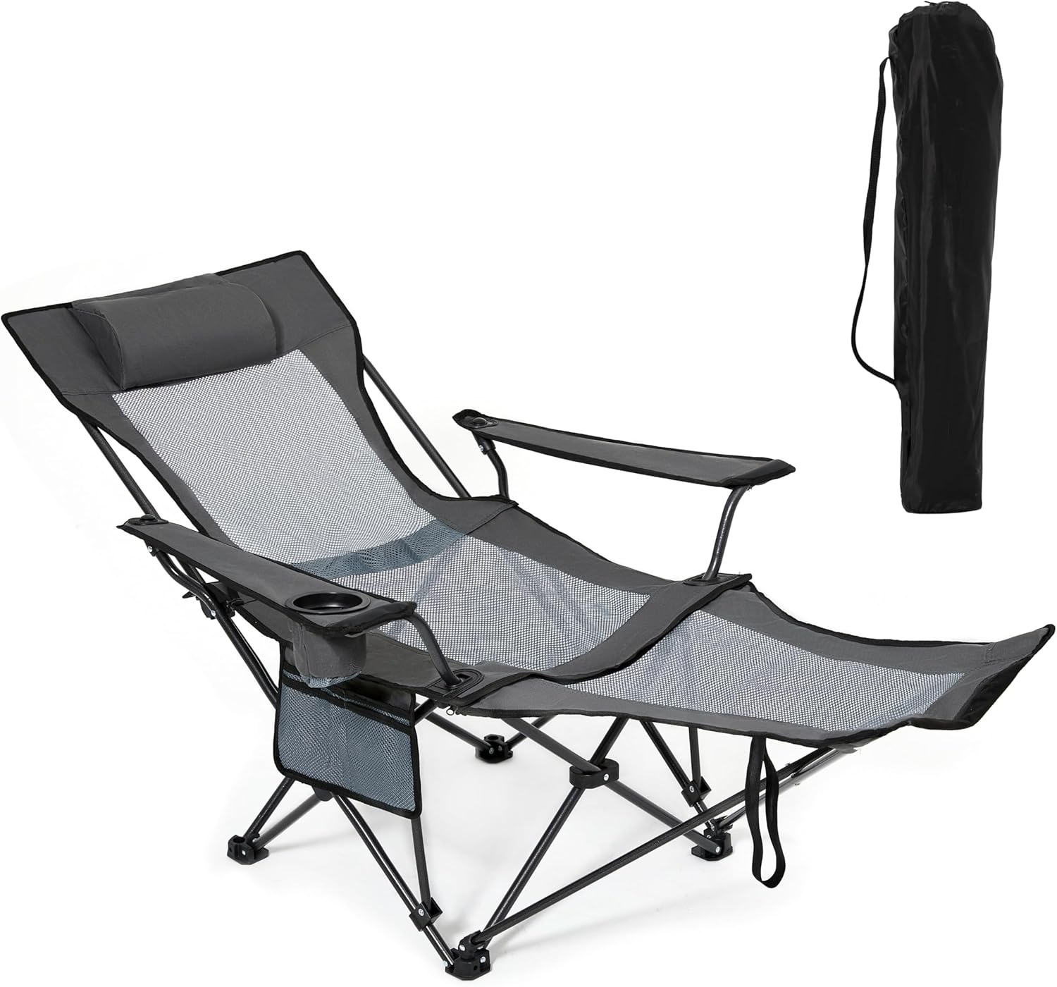 Reclining Outdoor Chair, Reclining Camping Chair with Footrest Headrest Side Pocket, Portable Folding Lounge Chair for Camping Patio Lawn Backyard Use, Mesh Beach Chair with Cup Holder