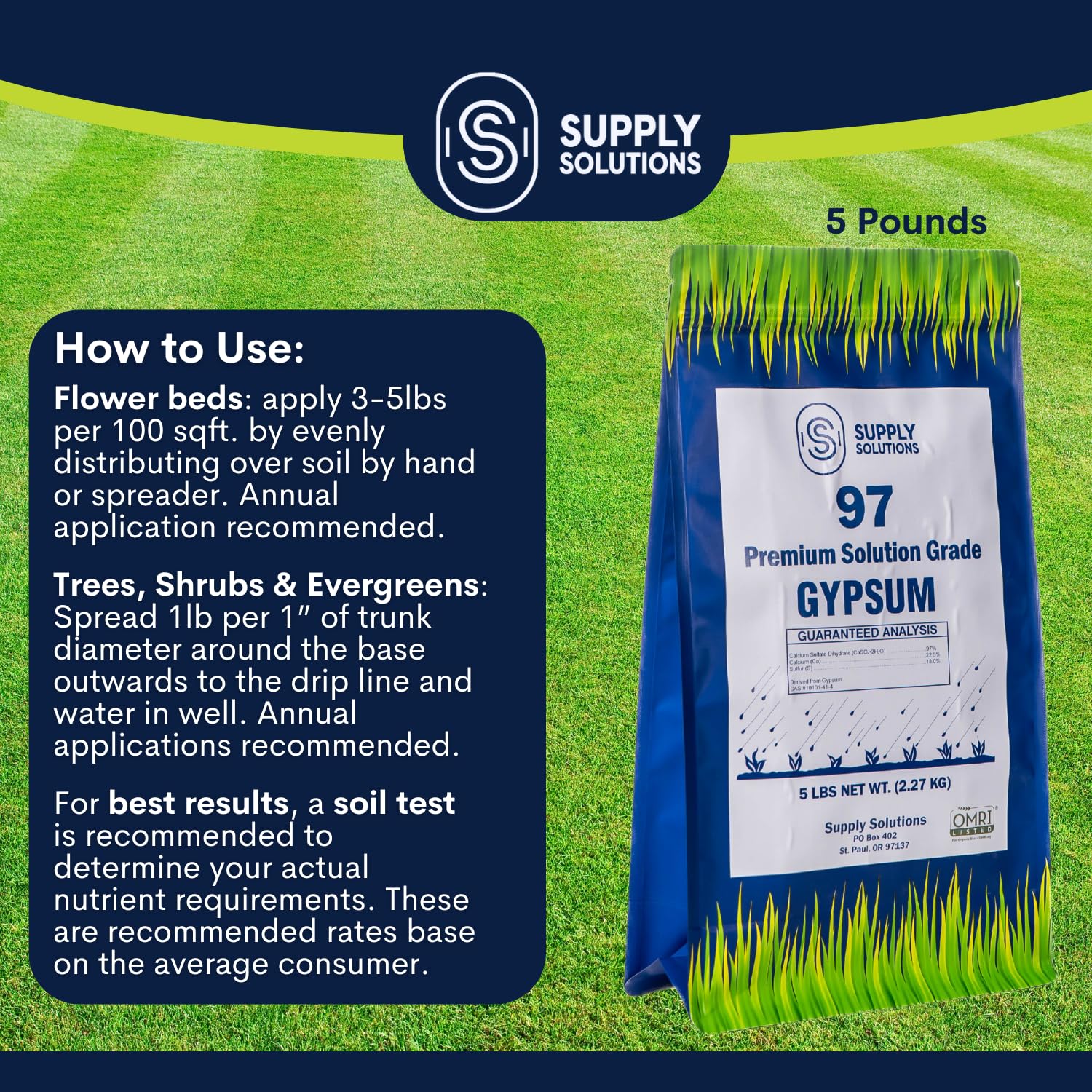 Supply Solutions Premium 97 Solution Grade Gypsum - Fast Acting Gypsum for Soil - Organic Calcium Sulfate Dihydrate - Gypsum Powder for Root Growth, Lawns, Mushroom Cultivation (5lbs)