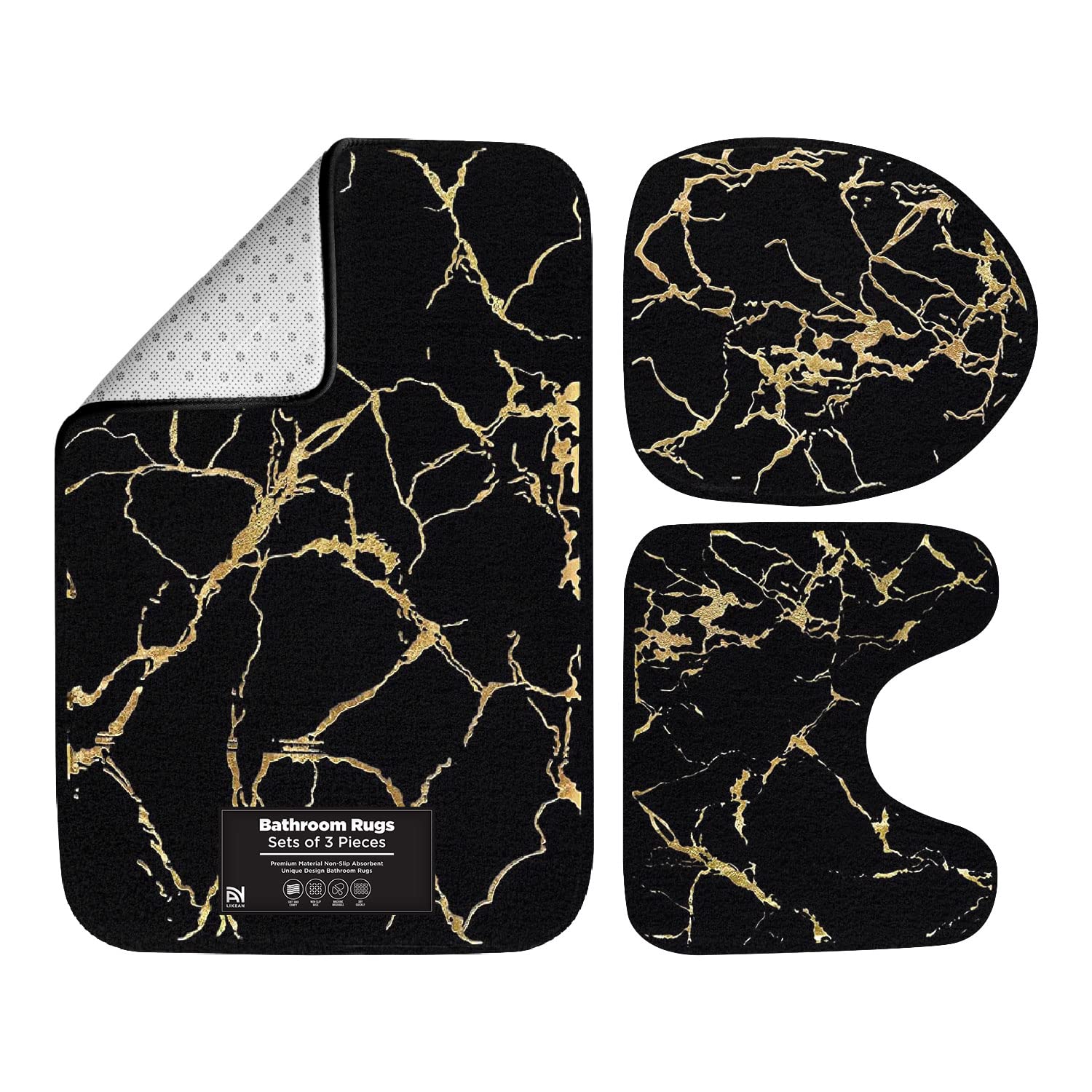 LIKEAN 3-Piece Bathroom Rug Set, Polyester Memory Foam Bath Mats| Non-Slip, Machine Washable Bath Rug, Contour Mat and Toilet Lid Cover| Quick Drying| Ultra Soft Rugs (Black)